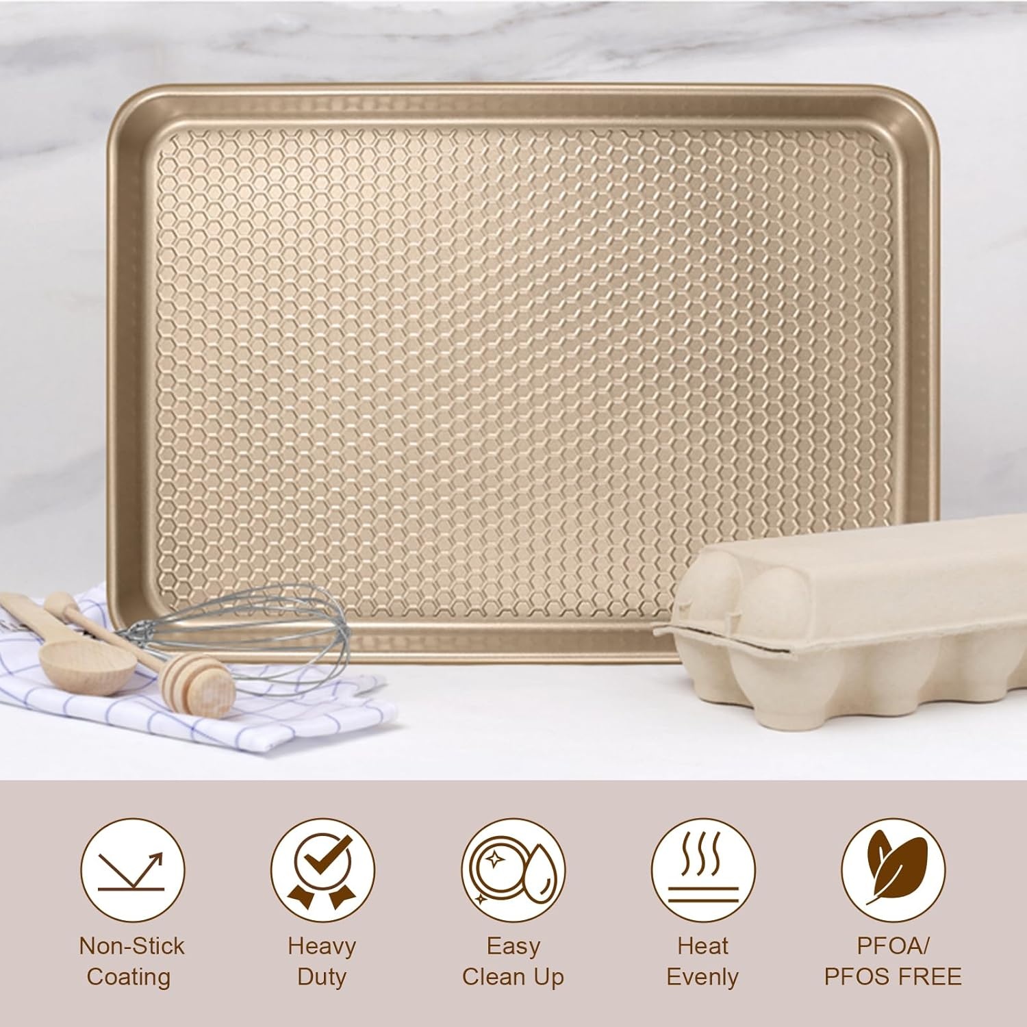 image:imageBaking Sheet Pan Set of 2 Wildone Commercial Cookie Sheets for Baking Nonstick Carbon Steel Oven Tray Half Sheet Pan 175x12 Inch Heavy Duty amp Easy CleanTextured Champagne Gold