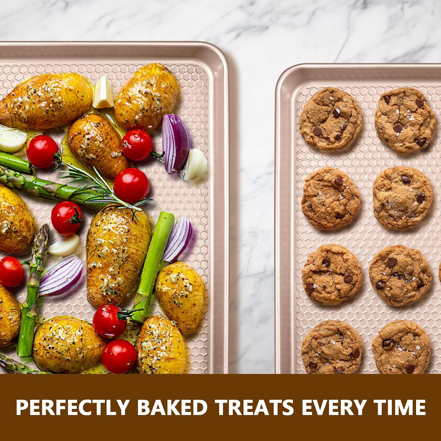 image:imageBaking Sheet Pan Set of 2 Wildone Commercial Cookie Sheets for Baking Nonstick Carbon Steel Oven Tray Half Sheet Pan 175x12 Inch Heavy Duty amp Easy CleanTextured Rose Gold