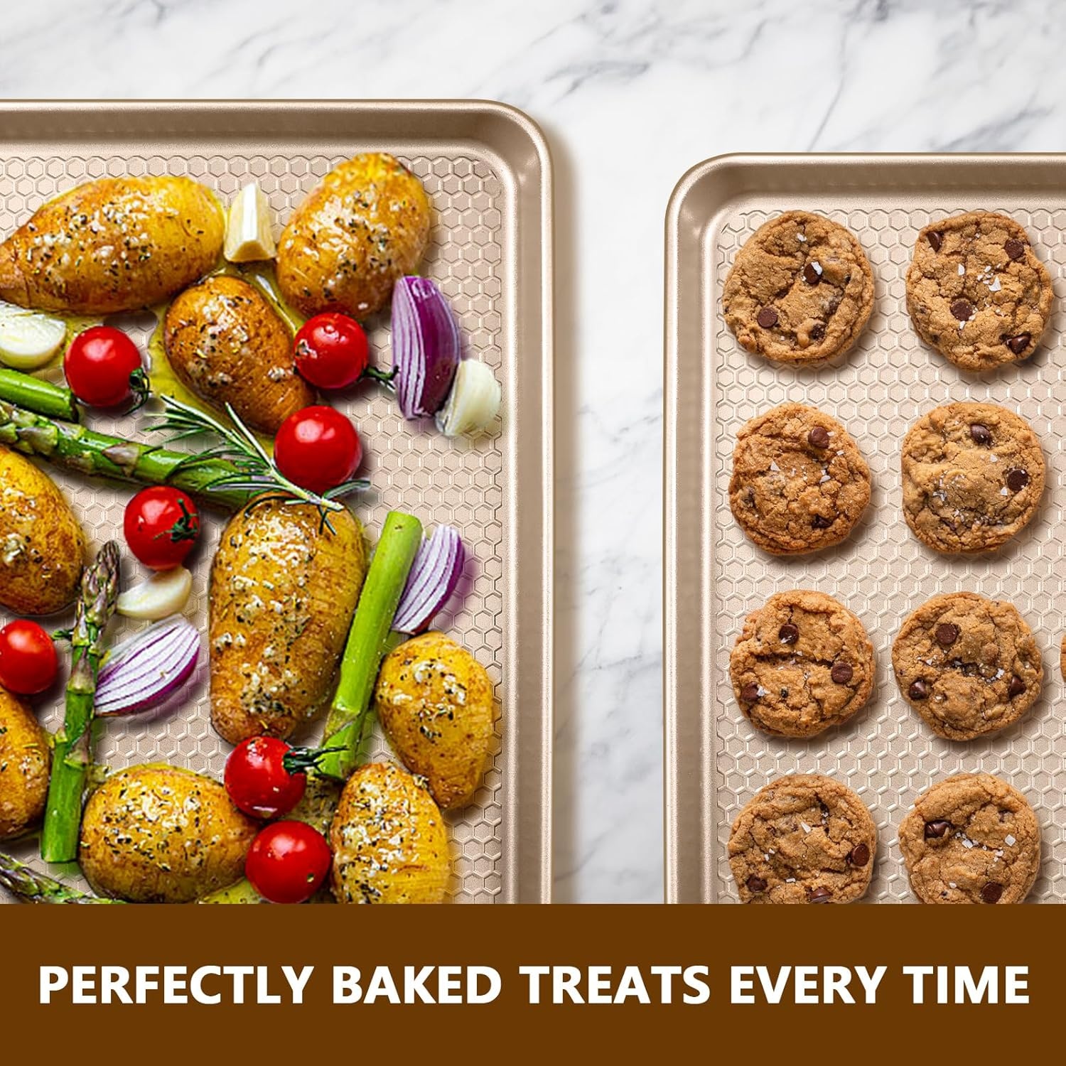 image:imageBaking Sheet Pan Set of 2 Wildone Commercial Cookie Sheets for Baking Nonstick Carbon Steel Oven Tray Half Sheet Pan 175x12 Inch Heavy Duty amp Easy CleanTextured Champagne Gold