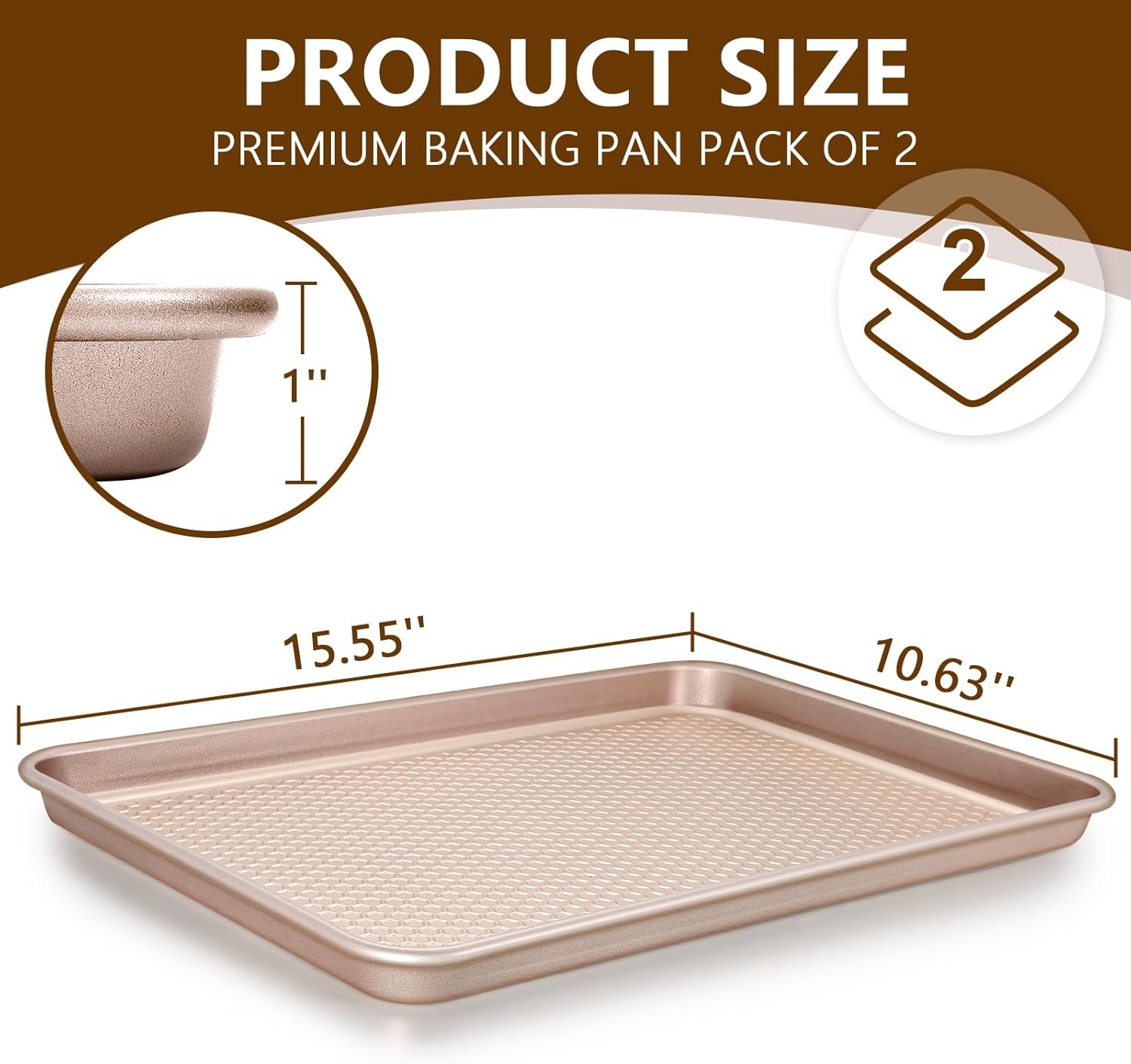 image:imageBaking Sheet Pan Set of 2 Wildone Commercial Cookie Sheets for Baking Nonstick Carbon Steel Oven Tray Half Sheet Pan 175x12 Inch Heavy Duty amp Easy CleanTextured Rose Gold