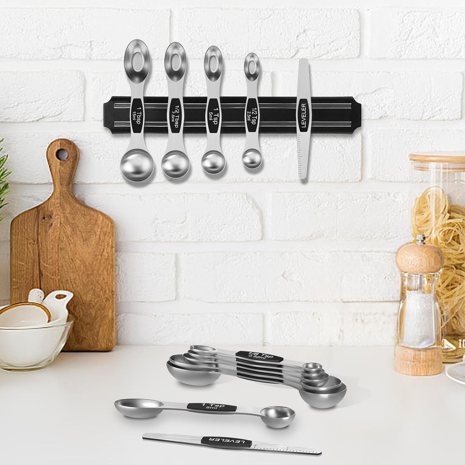 image:imageMagnetic Measuring Spoons Set Wildone Stainless Steel Double Sided Measuring Spoons Set of 7 Black for Dry amp Liquid Ingredients Including 6 Heavy Duty Nesting Spoons 1 Leveler Fits in Spice Jar