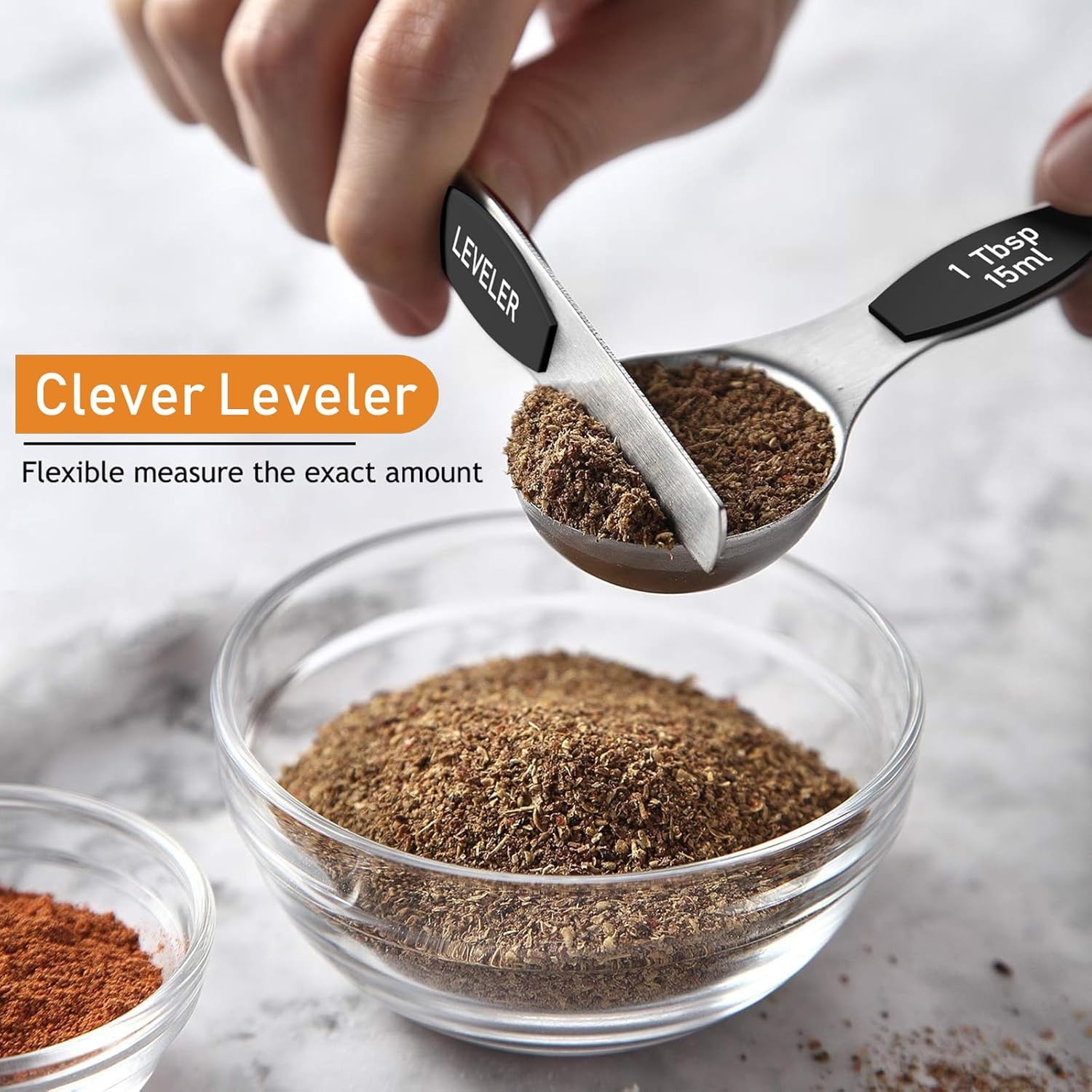 image:imageMagnetic Measuring Spoons Set Wildone Stainless Steel Double Sided Measuring Spoons Set of 7 Black for Dry amp Liquid Ingredients Including 6 Heavy Duty Nesting Spoons 1 Leveler Fits in Spice Jar