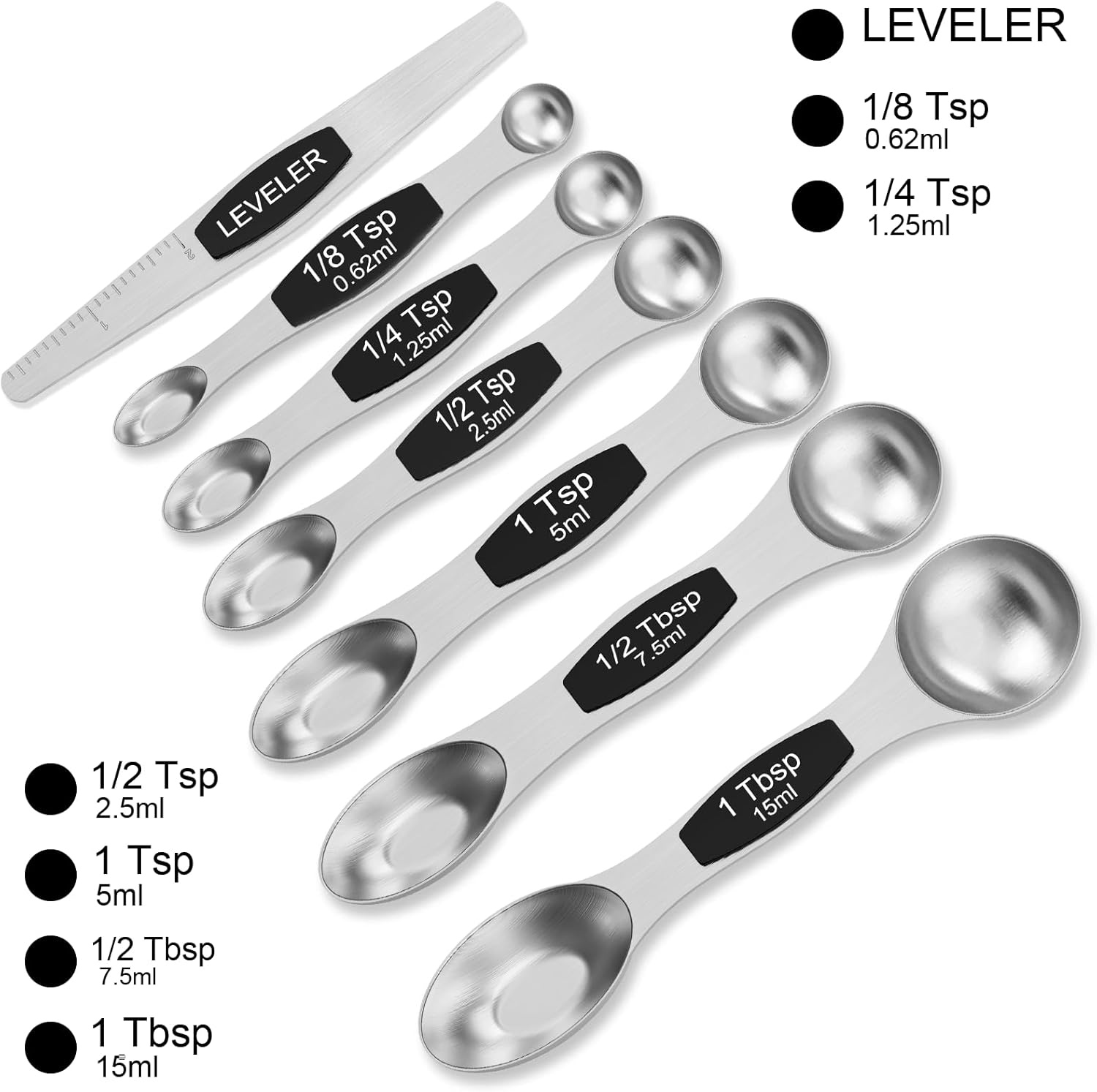 image:imageMagnetic Measuring Spoons Set Wildone Stainless Steel Double Sided Measuring Spoons Set of 7 Black for Dry amp Liquid Ingredients Including 6 Heavy Duty Nesting Spoons 1 Leveler Fits in Spice Jar
