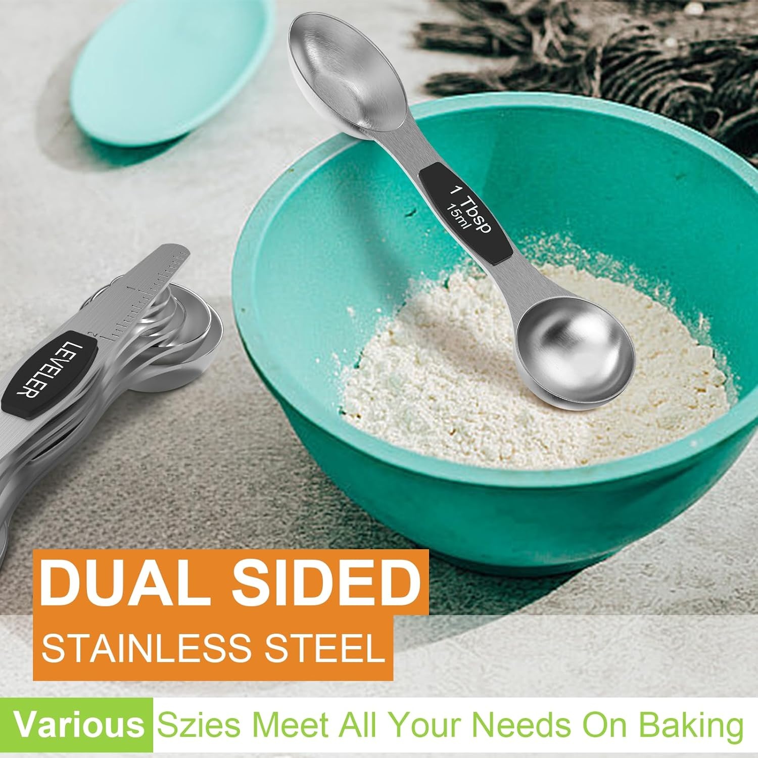 image:imageMagnetic Measuring Spoons Set Wildone Stainless Steel Double Sided Measuring Spoons Set of 7 Black for Dry amp Liquid Ingredients Including 6 Heavy Duty Nesting Spoons 1 Leveler Fits in Spice Jar