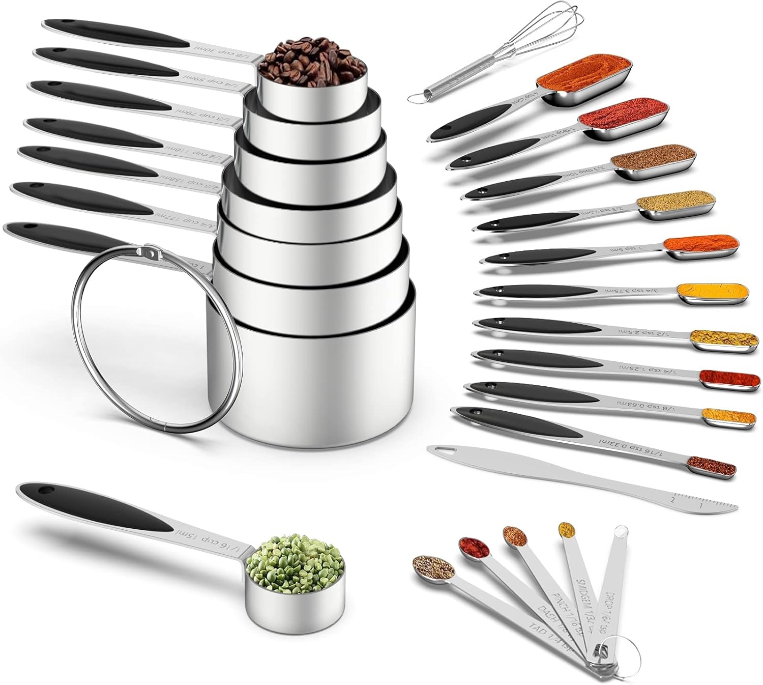 image:imageMeasuring Cups and Measuring Spoons Set Wildone Stainless Steel 8 Measuring Cups 10 Measuring Spoons 1 Leveler 1 Whisk amp 5 Mini Spoons for Dry and Liquid Ingredient 25 Piece MulticolorBlack