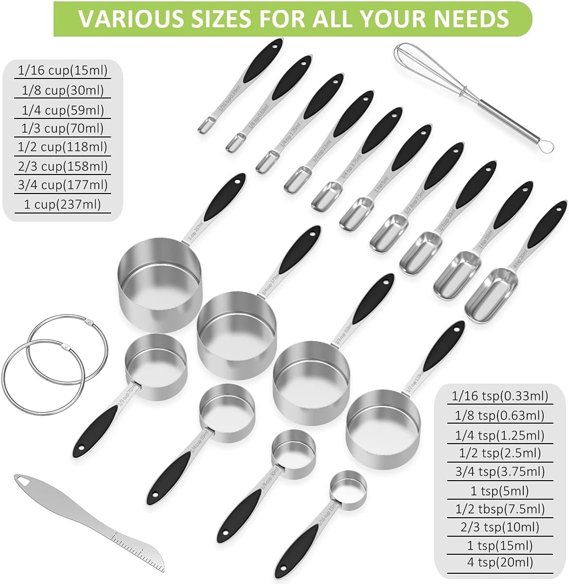 image:imageMeasuring Cups and Measuring Spoons Set Wildone Stainless Steel 8 Measuring Cups 10 Measuring Spoons 1 Leveler 1 Whisk amp 5 Mini Spoons for Dry and Liquid Ingredient 25 Piece MulticolorBlack