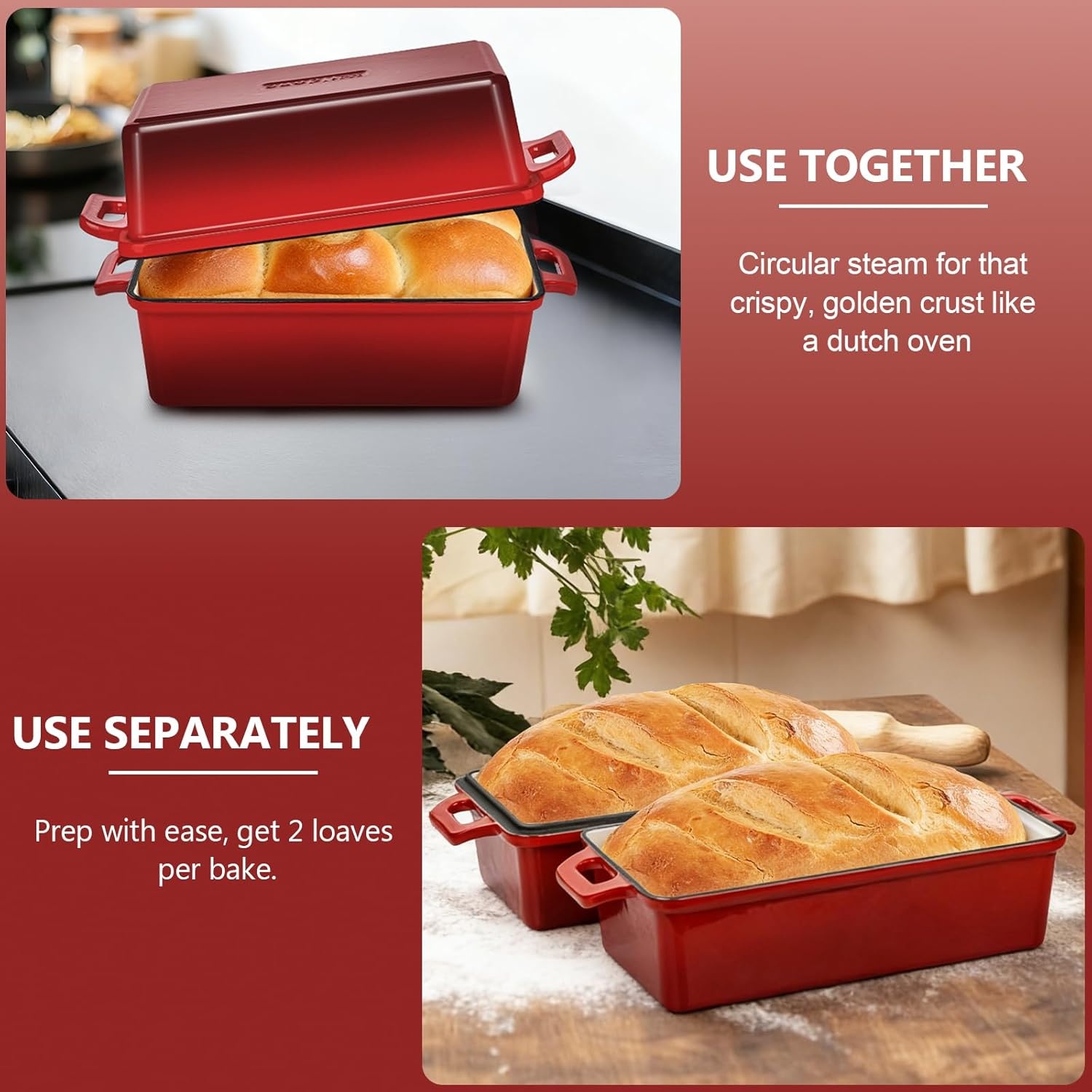 image:imageWildone 2 in 1 Enameled Cast Iron Bread Pan with Lid 9x5 Loaf Pans for Homemade Sourdough Bread Cake Meatloaf Even Heating Bread Dutch Oven Cream WhiteRed