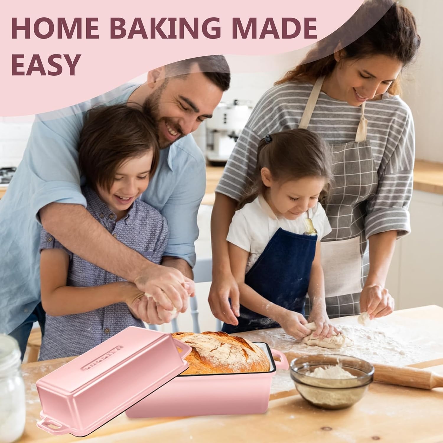 image:imageWildone 2 in 1 Enameled Cast Iron Bread Pan with Lid 9x5 Loaf Pans for Homemade Sourdough Bread Cake Meatloaf Even Heating Bread Dutch Oven Cream WhitePink