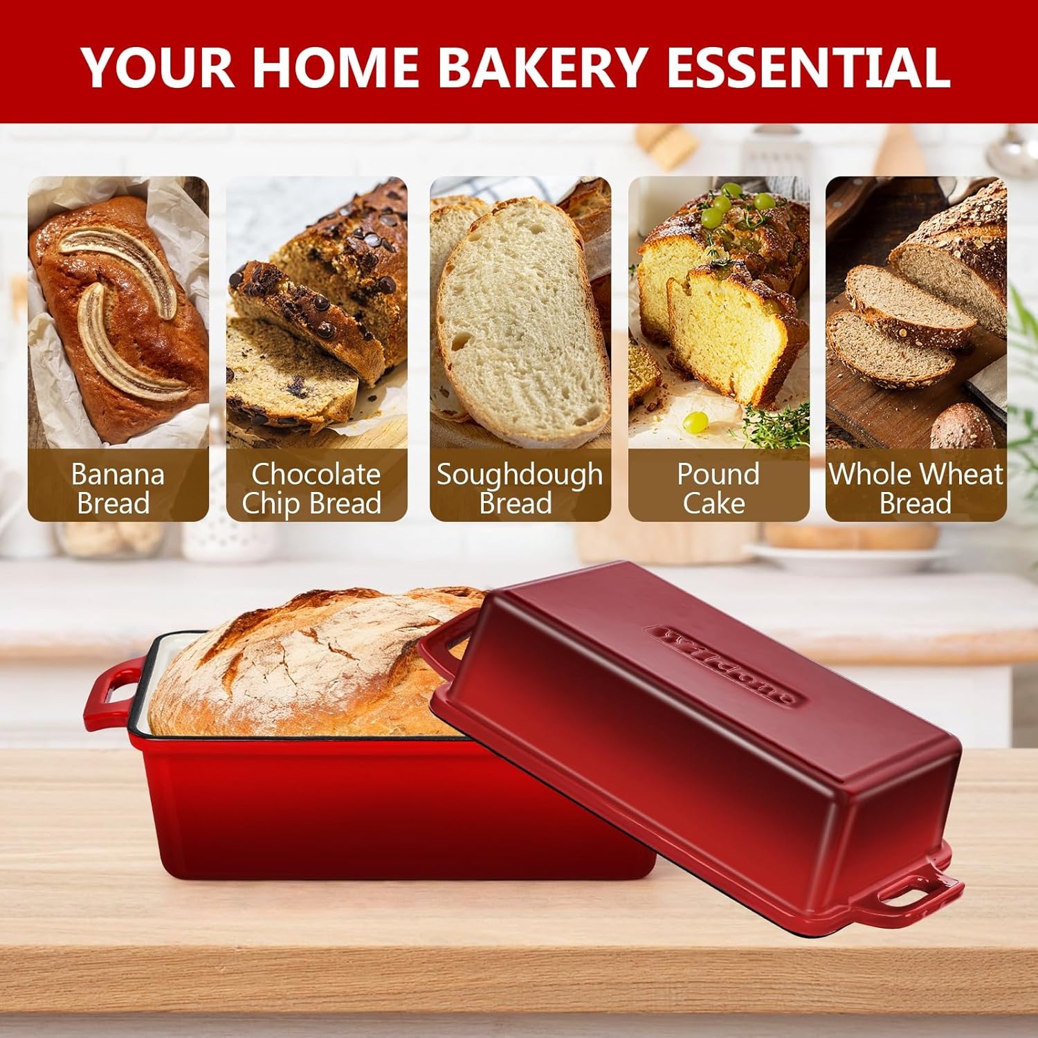 image:imageWildone 2 in 1 Enameled Cast Iron Bread Pan with Lid 9x5 Loaf Pans for Homemade Sourdough Bread Cake Meatloaf Even Heating Bread Dutch Oven Cream WhiteRed