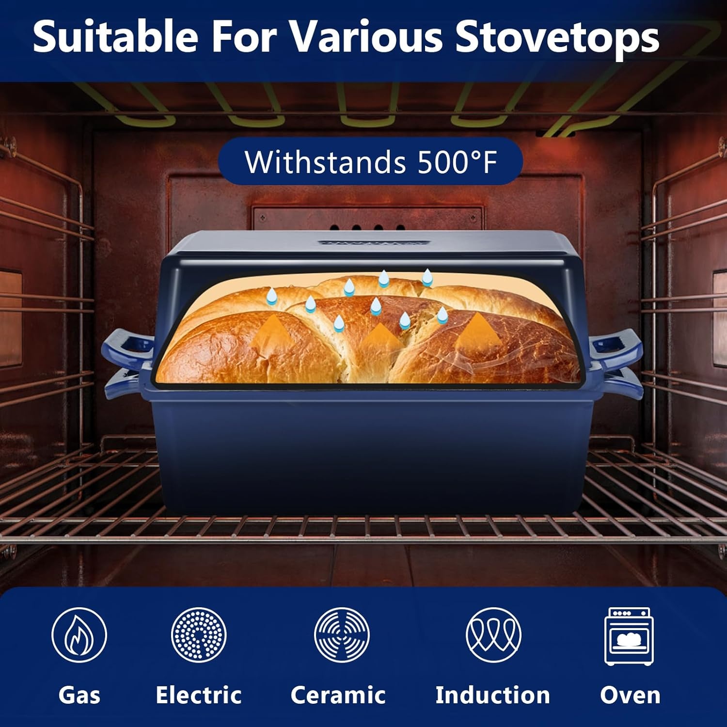 image:imageWildone 2 in 1 Enameled Cast Iron Bread Pan with Lid 9x5 Loaf Pans for Homemade Sourdough Bread Cake Meatloaf Even Heating Bread Dutch Oven Cream WhiteNavy Blue