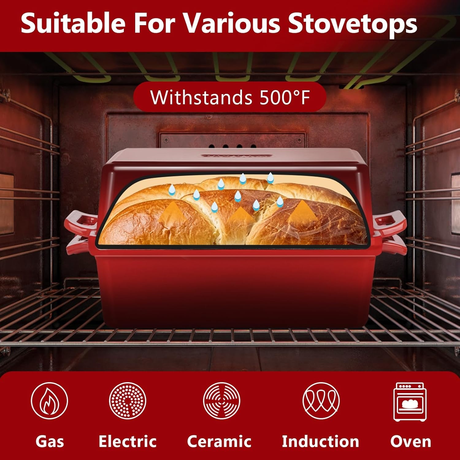 image:imageWildone 2 in 1 Enameled Cast Iron Bread Pan with Lid 9x5 Loaf Pans for Homemade Sourdough Bread Cake Meatloaf Even Heating Bread Dutch Oven Cream WhiteRed