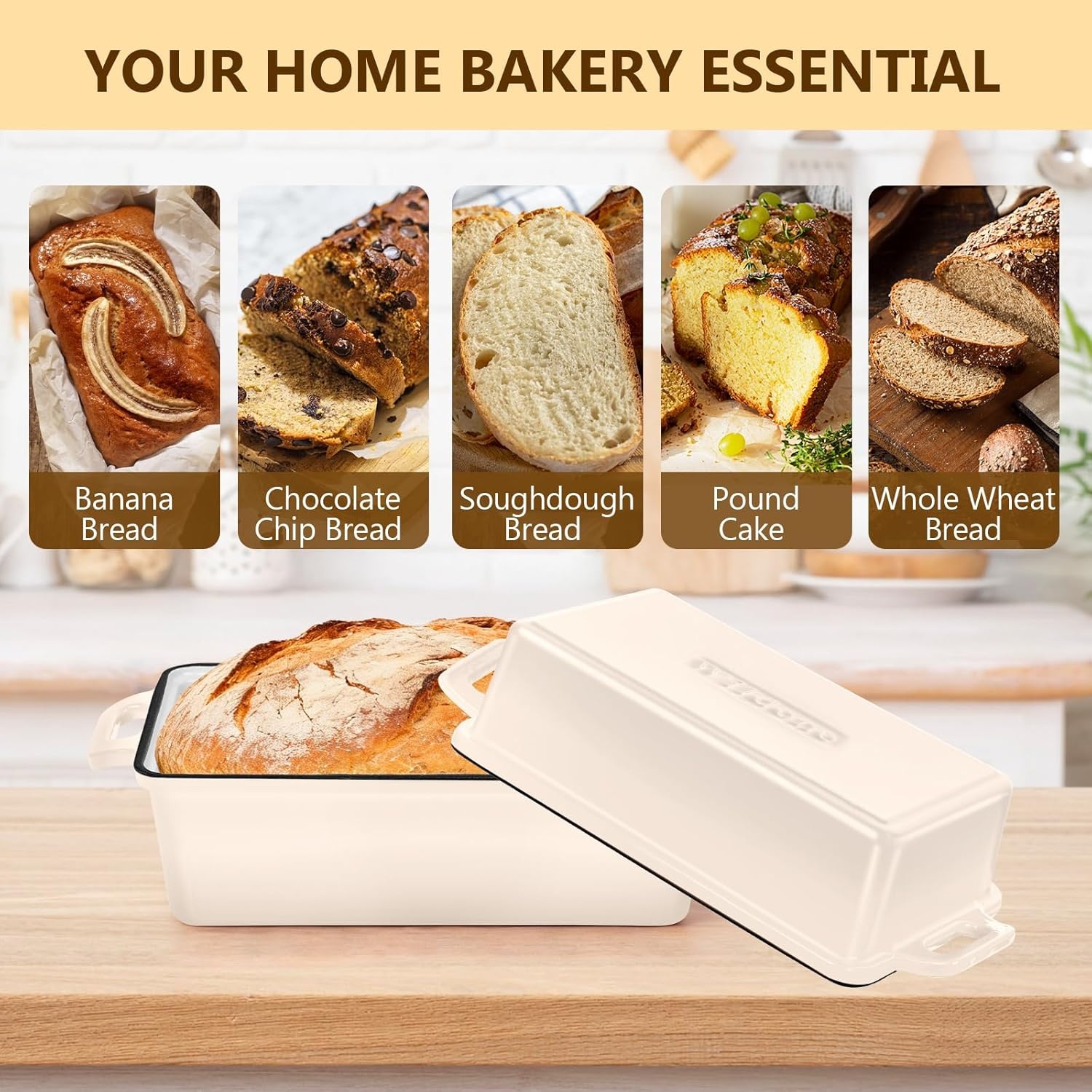 image:imageWildone 2 in 1 Enameled Cast Iron Bread Pan with Lid 9x5 Loaf Pans for Homemade Sourdough Bread Cake Meatloaf Even Heating Bread Dutch Oven Cream WhiteCream White