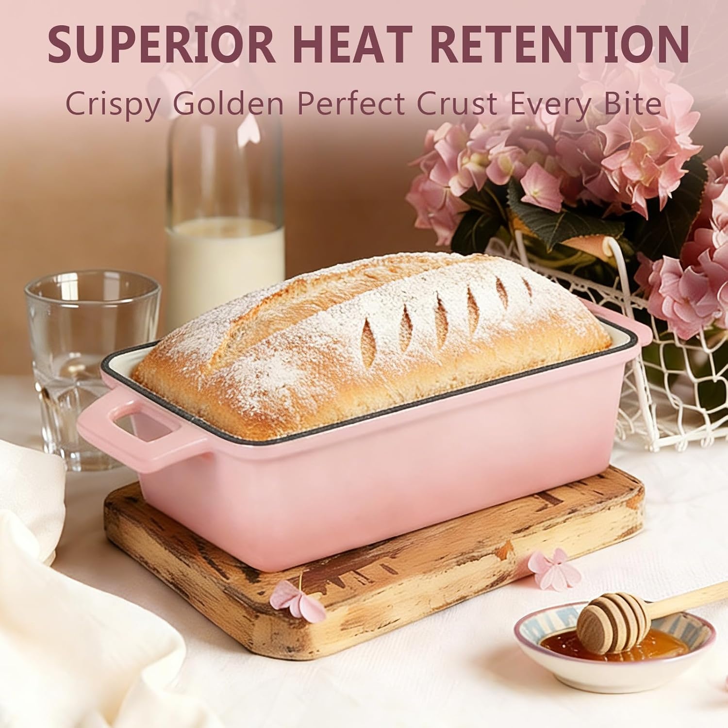 image:imageWildone 2 in 1 Enameled Cast Iron Bread Pan with Lid 9x5 Loaf Pans for Homemade Sourdough Bread Cake Meatloaf Even Heating Bread Dutch Oven Cream WhitePink