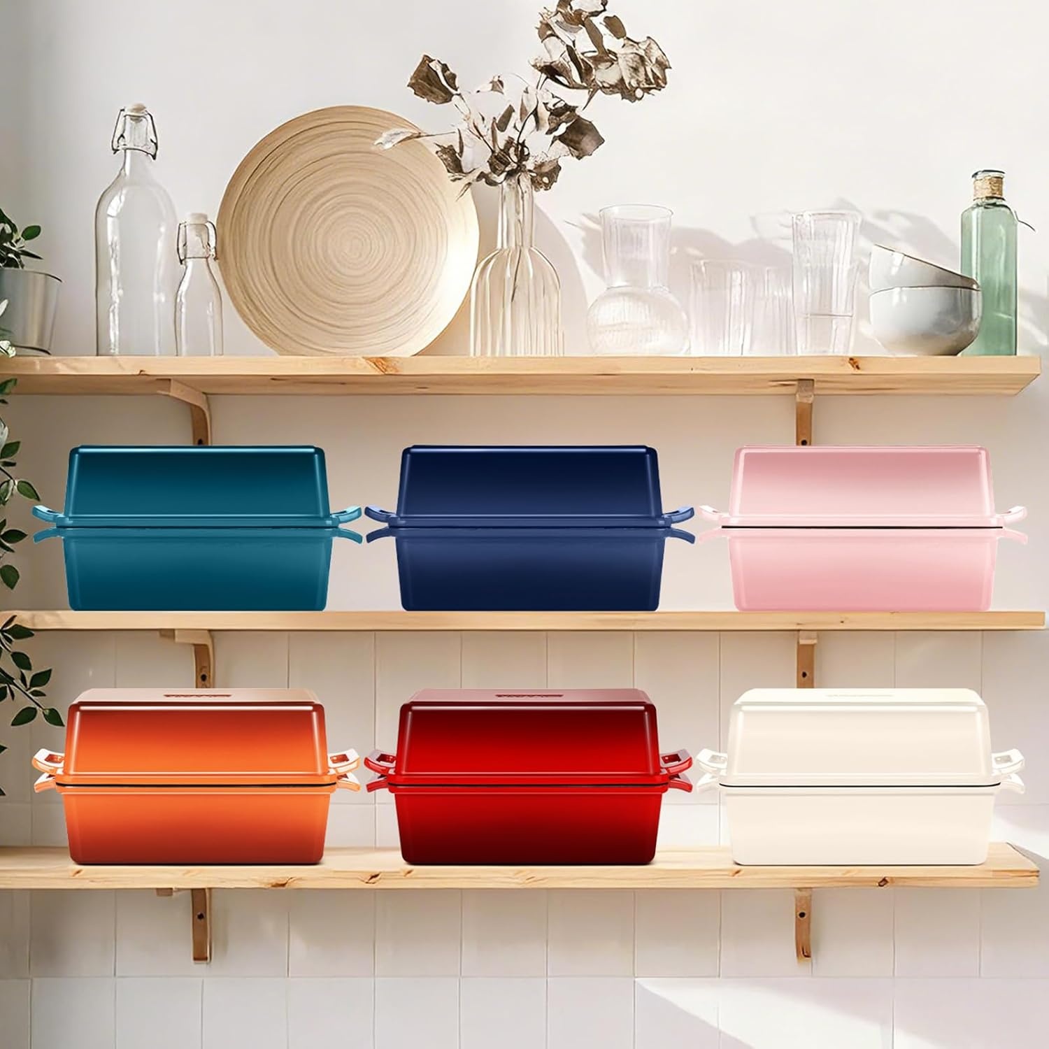 image:imageWildone 2 in 1 Enameled Cast Iron Bread Pan with Lid 9x5 Loaf Pans for Homemade Sourdough Bread Cake Meatloaf Even Heating Bread Dutch Oven Cream WhitePink