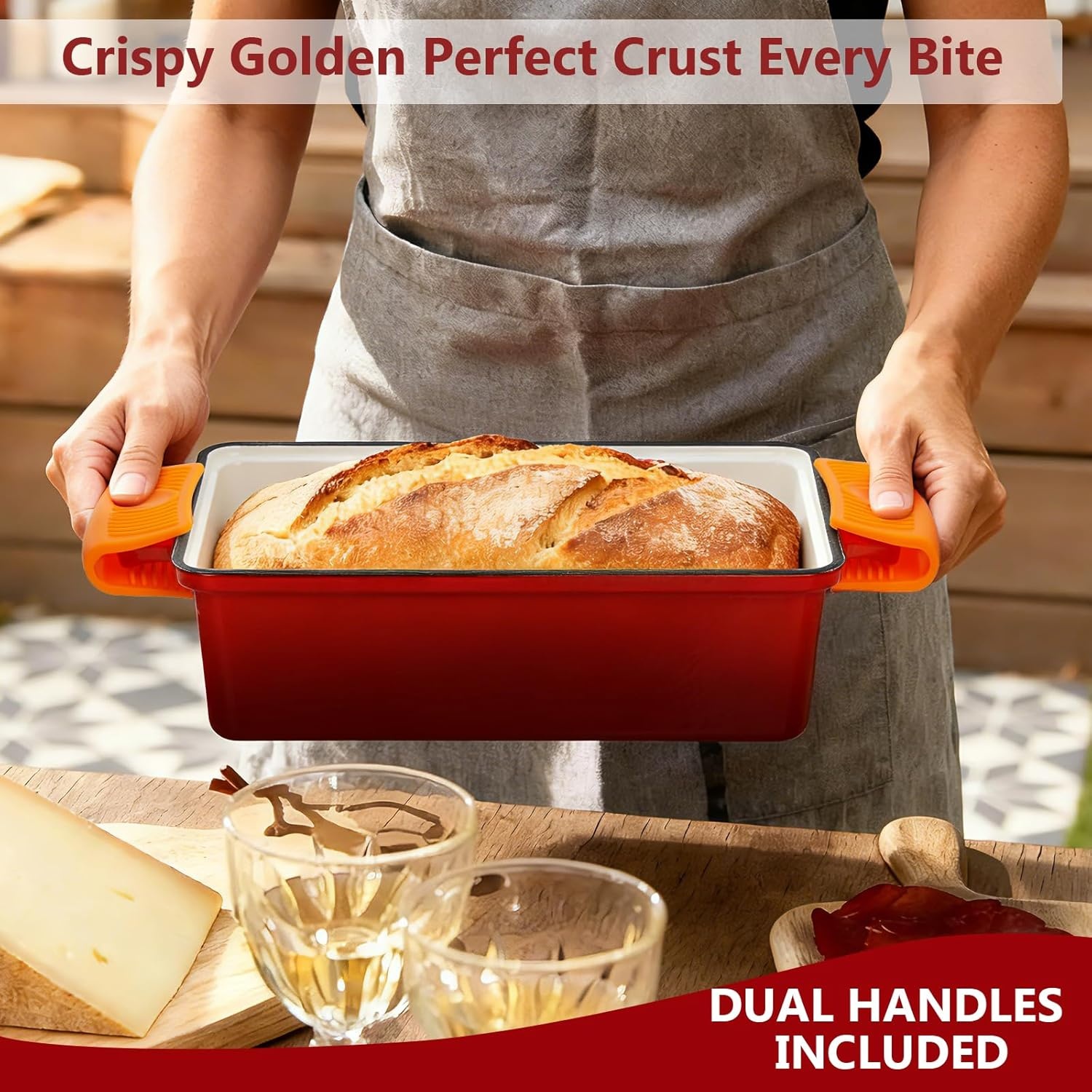 image:imageWildone 2 in 1 Enameled Cast Iron Bread Pan with Lid 9x5 Loaf Pans for Homemade Sourdough Bread Cake Meatloaf Even Heating Bread Dutch Oven Cream WhiteRed