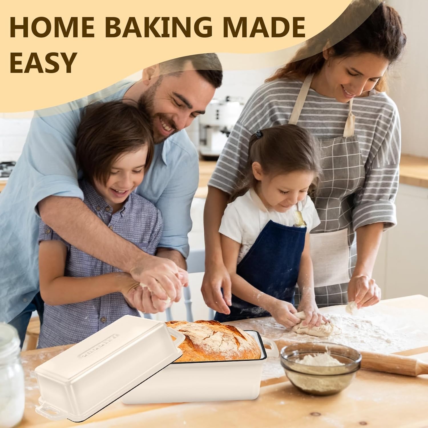 image:imageWildone 2 in 1 Enameled Cast Iron Bread Pan with Lid 9x5 Loaf Pans for Homemade Sourdough Bread Cake Meatloaf Even Heating Bread Dutch Oven Cream WhiteCream White