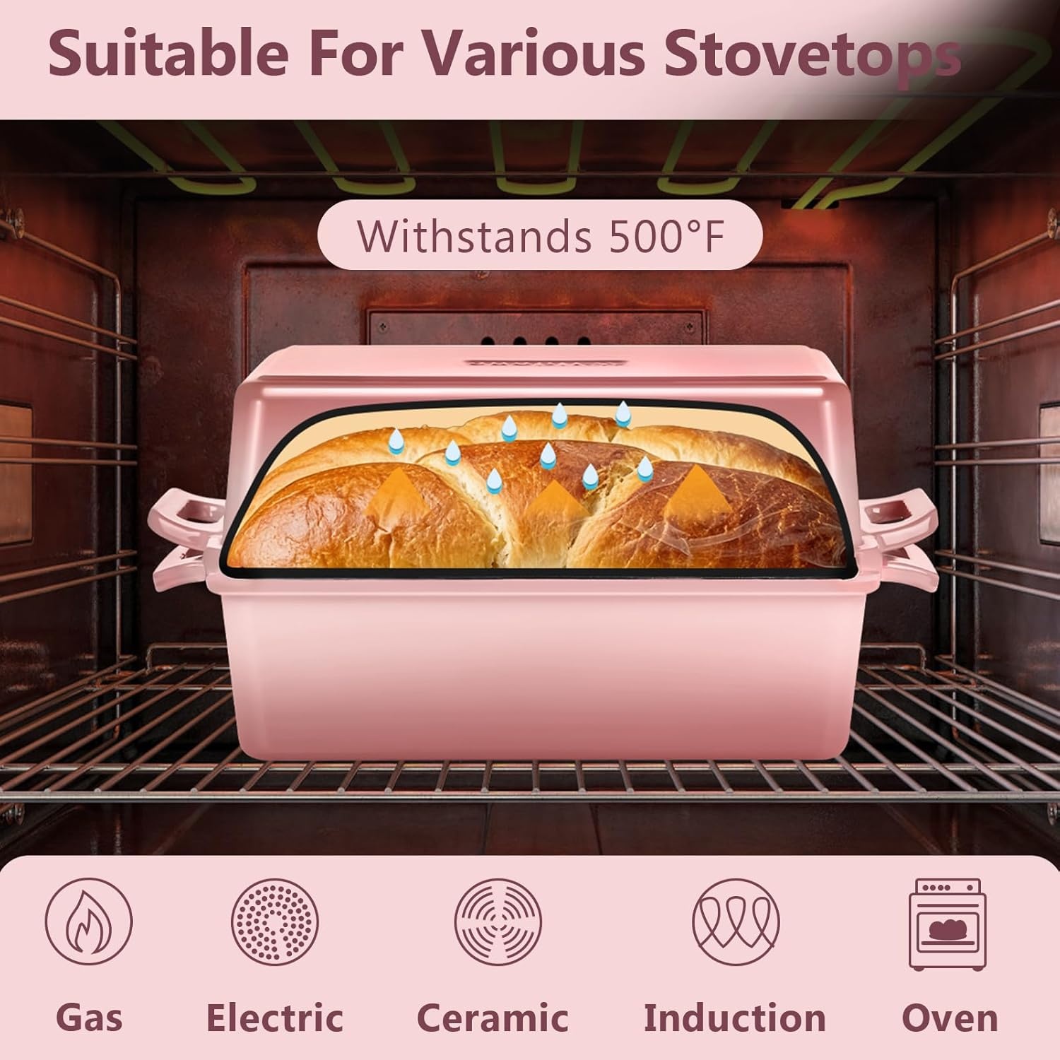 image:imageWildone 2 in 1 Enameled Cast Iron Bread Pan with Lid 9x5 Loaf Pans for Homemade Sourdough Bread Cake Meatloaf Even Heating Bread Dutch Oven Cream WhitePink