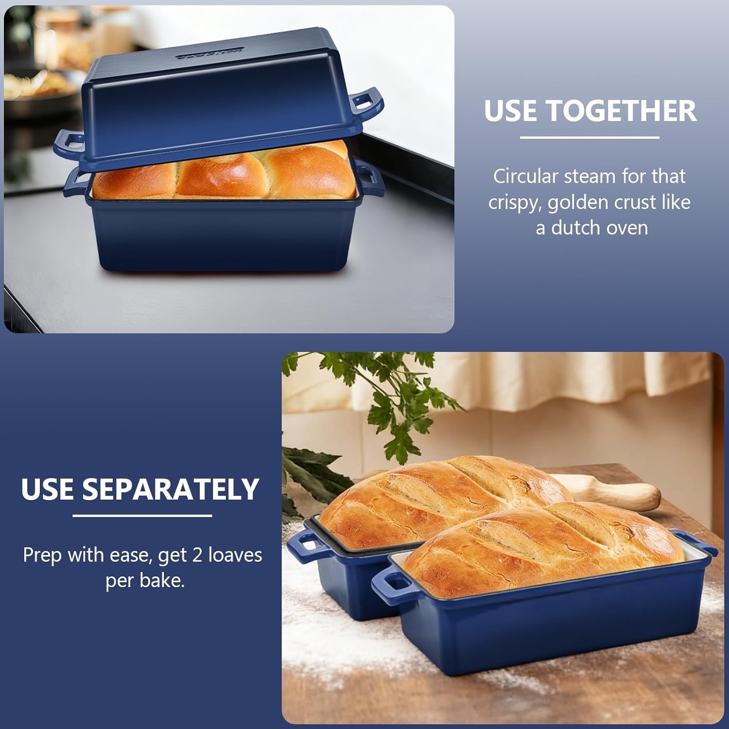 image:imageWildone 2 in 1 Enameled Cast Iron Bread Pan with Lid 9x5 Loaf Pans for Homemade Sourdough Bread Cake Meatloaf Even Heating Bread Dutch Oven Cream WhiteNavy Blue
