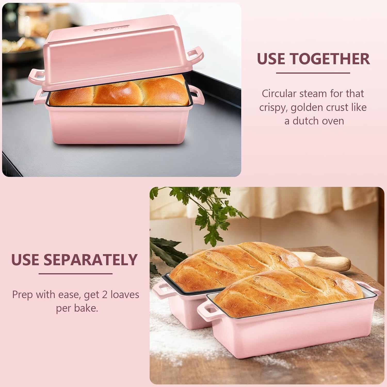 image:imageWildone 2 in 1 Enameled Cast Iron Bread Pan with Lid 9x5 Loaf Pans for Homemade Sourdough Bread Cake Meatloaf Even Heating Bread Dutch Oven Cream WhitePink