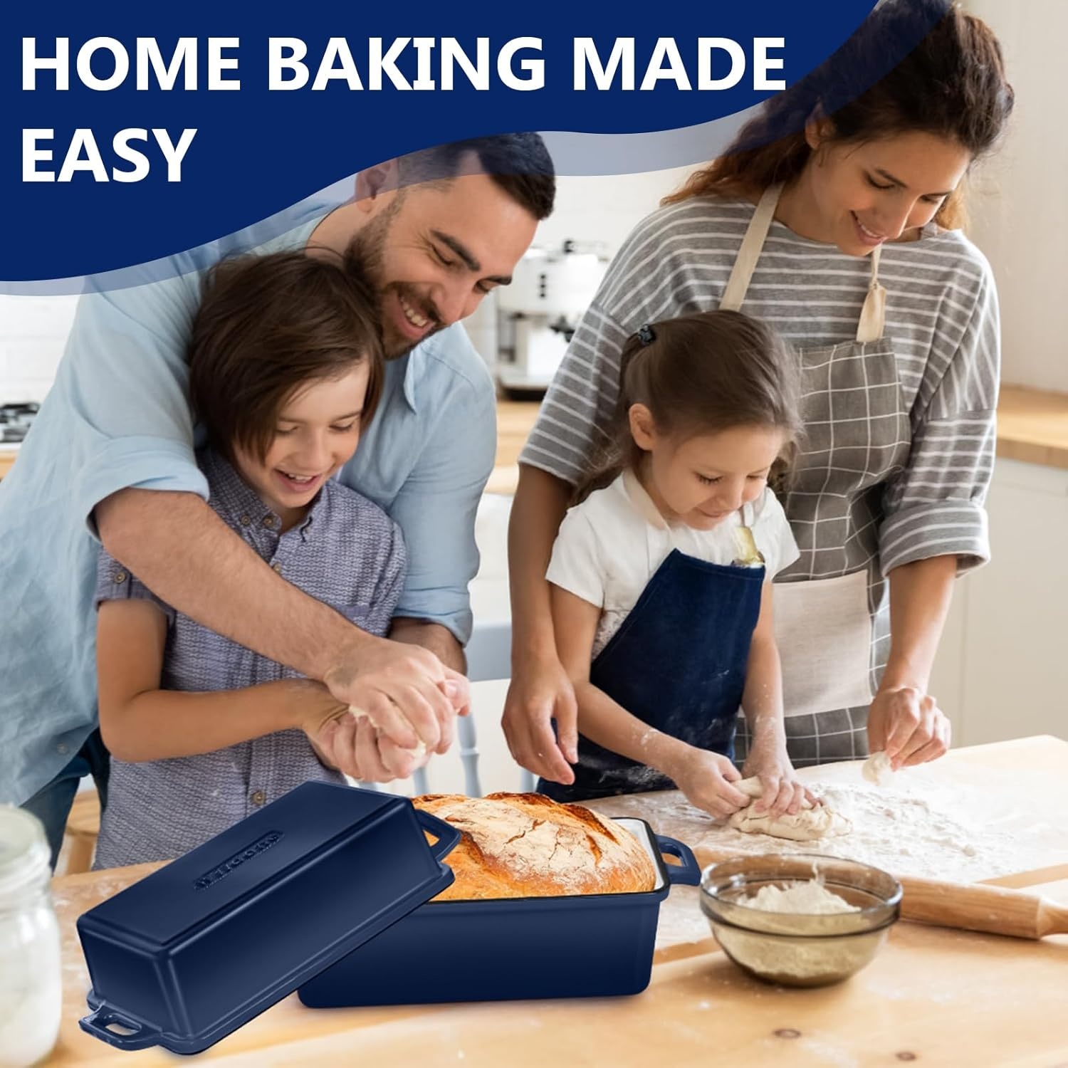 image:imageWildone 2 in 1 Enameled Cast Iron Bread Pan with Lid 9x5 Loaf Pans for Homemade Sourdough Bread Cake Meatloaf Even Heating Bread Dutch Oven Cream WhiteNavy Blue