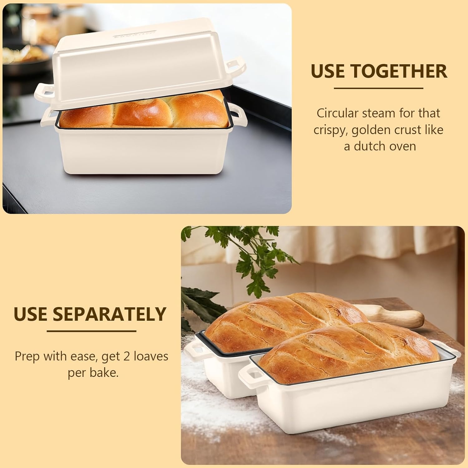 image:imageWildone 2 in 1 Enameled Cast Iron Bread Pan with Lid 9x5 Loaf Pans for Homemade Sourdough Bread Cake Meatloaf Even Heating Bread Dutch Oven Cream WhiteCream White