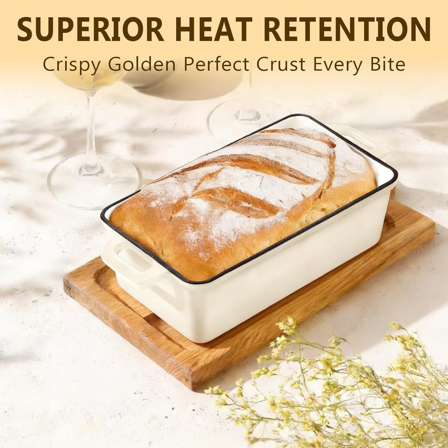 image:imageWildone 2 in 1 Enameled Cast Iron Bread Pan with Lid 9x5 Loaf Pans for Homemade Sourdough Bread Cake Meatloaf Even Heating Bread Dutch Oven Cream WhiteCream White