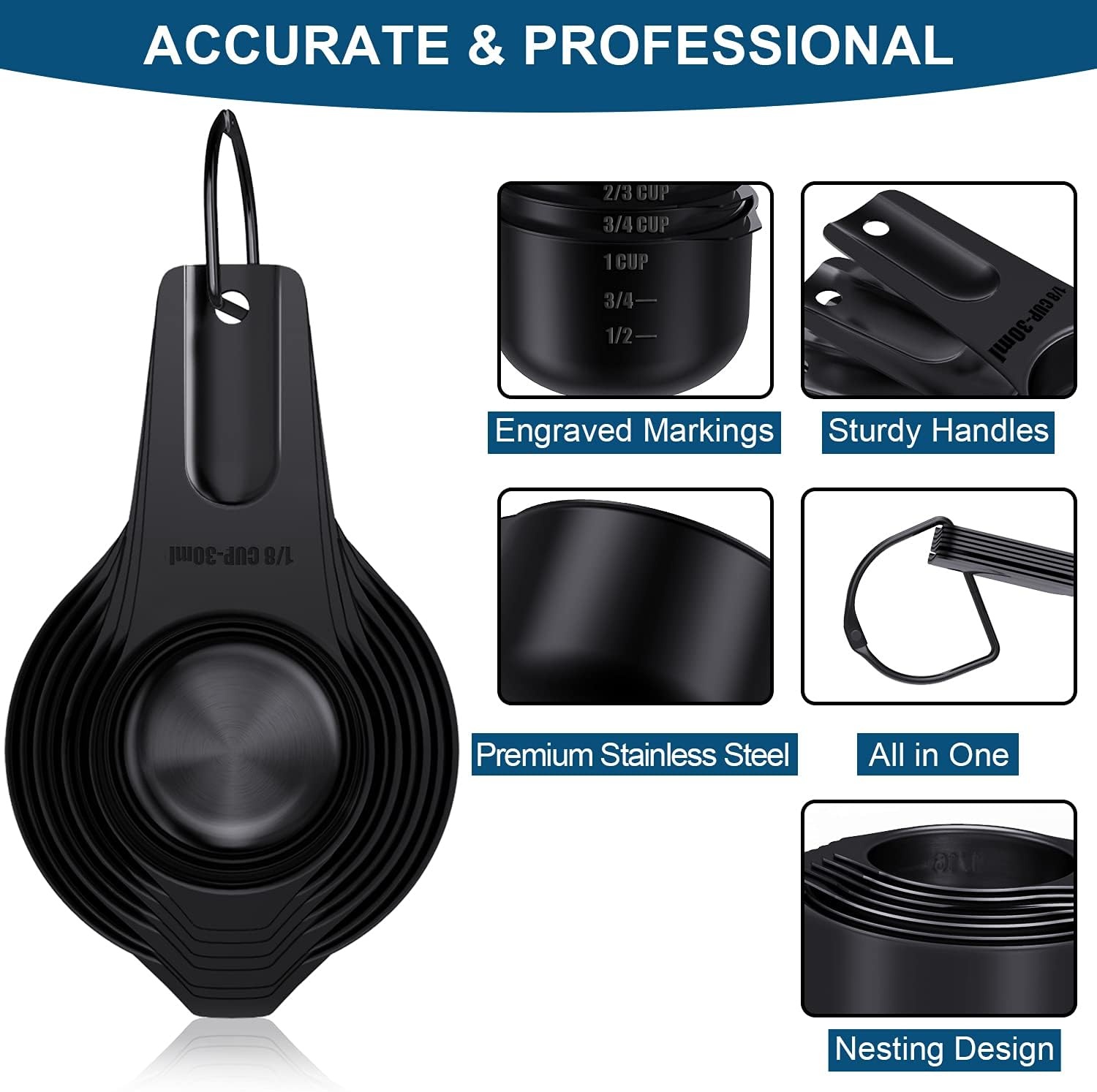 image:imageWildone 21 Piece Black Measuring Cups amp Spoons Includes 7 Stainless Steel Measuring Cups 8 Double Sided Measuring Spoons 1 Leveler amp 5 Mini SpoonsBlack