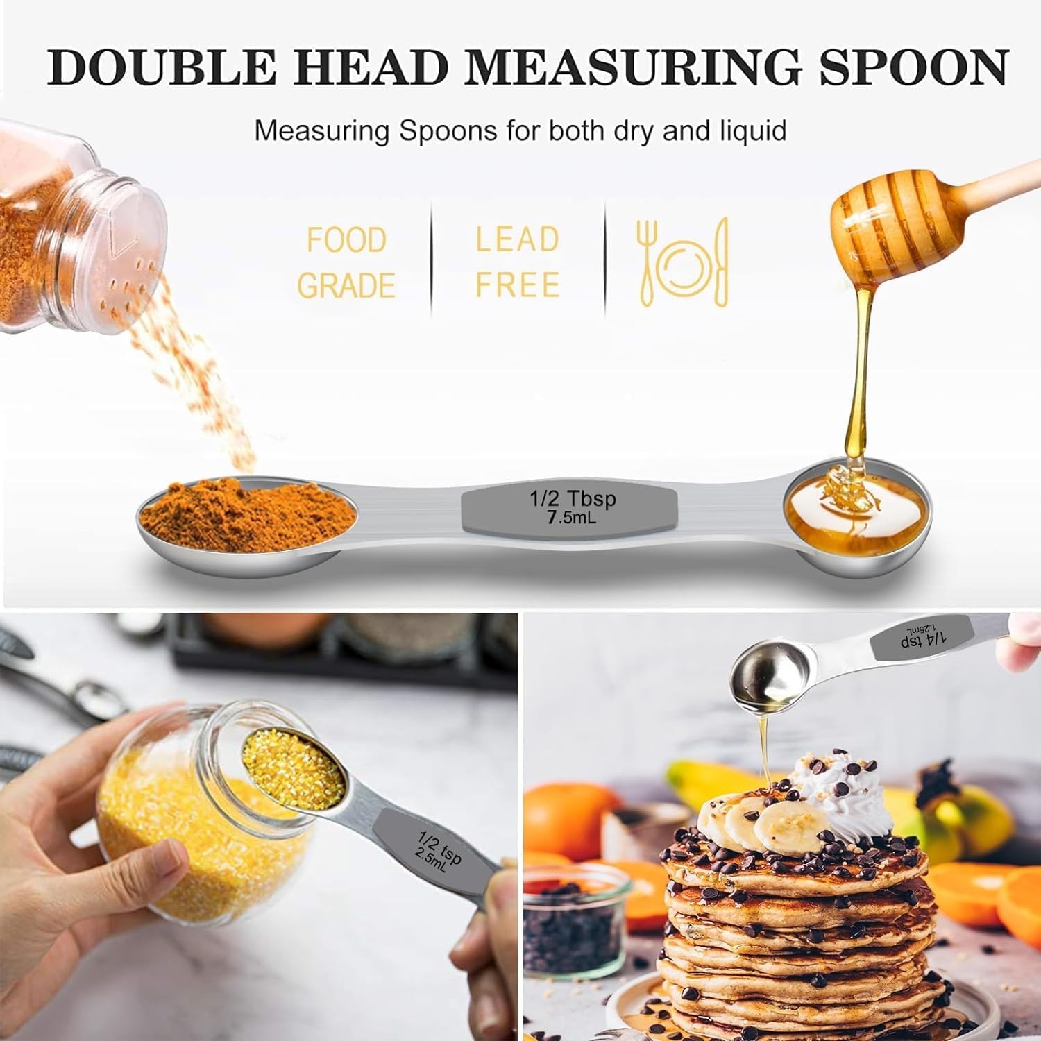 image:imageWildone 21 Piece Black Measuring Cups amp Spoons Includes 7 Stainless Steel Measuring Cups 8 Double Sided Measuring Spoons 1 Leveler amp 5 Mini SpoonsSilver