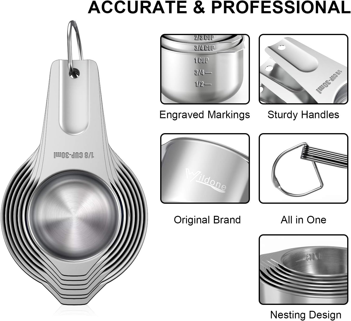 image:imageWildone Black Measuring Cups amp Spoons Set of 21 Includes 7 Stainless Steel Nesting Measuring Cups 8 Measuring Spoons 1 Leveler amp 5 Mini Measuring Spoons Ideal for Dry amp Liquid IngredientsSilver