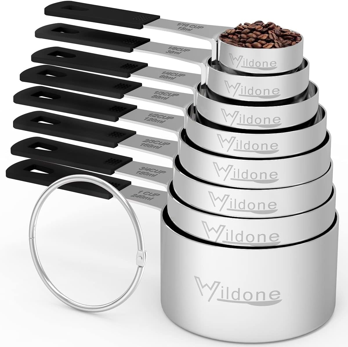 image:imageWildone Measuring Cups amp Spoons Set of 18 Includes 8 Stainless Steel Nesting Measuring Cups 9 Measuring Spoons 1 Leveler Ideal for Dry and Liquid Ingredients Stainless Steel Kitchen Gadgets for Cooking amp Baking Heavy Duty for Measuring DryLiquid Ingredients MulticolorBlack