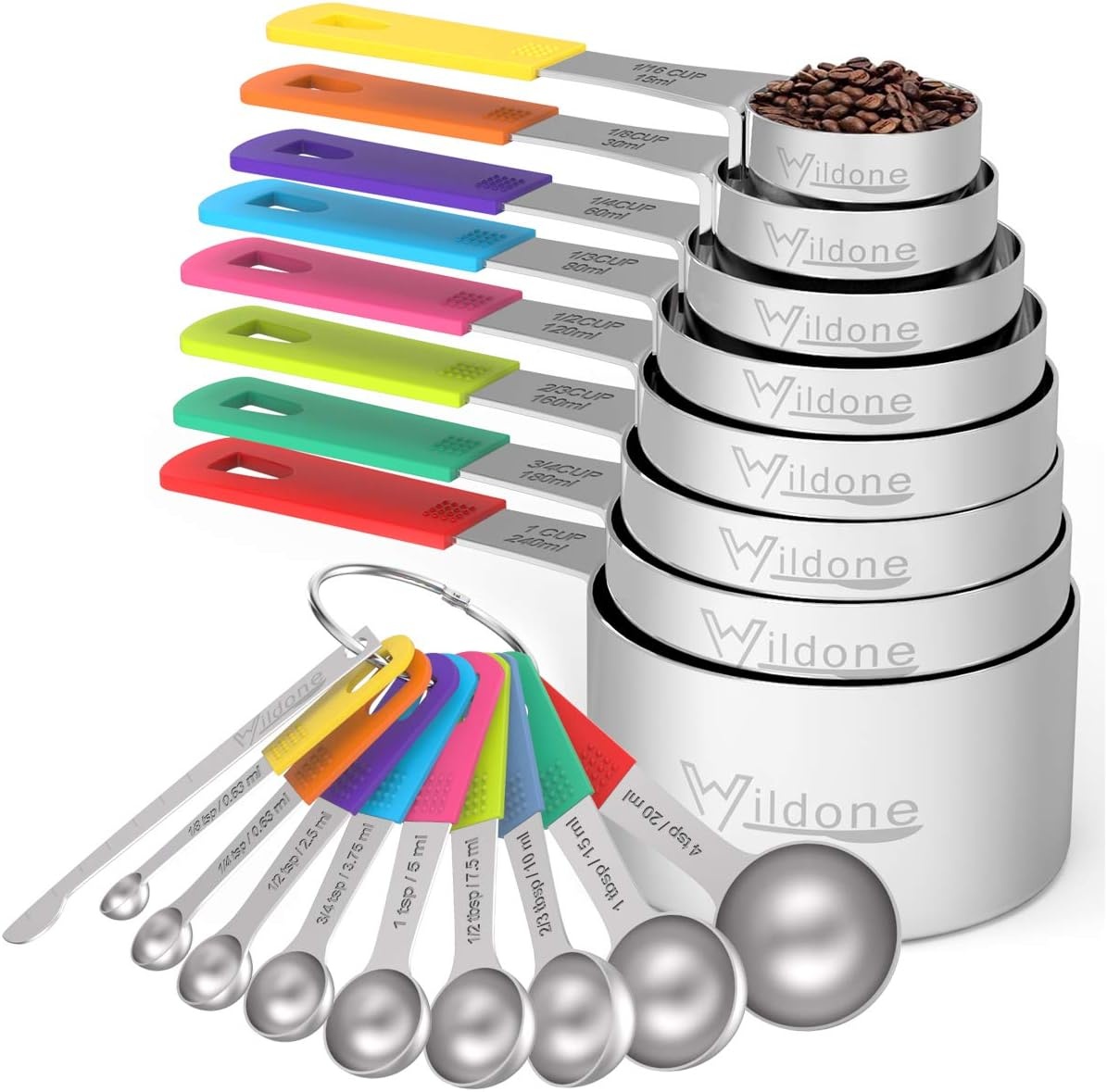 image:imageWildone Measuring Cups amp Spoons Set of 18 Includes 8 Stainless Steel Nesting Measuring Cups 9 Measuring Spoons 1 Leveler Ideal for Dry and Liquid Ingredients Stainless Steel Kitchen Gadgets for Cooking amp Baking Heavy Duty for Measuring DryLiquid Ingredients MulticolorMulticolor