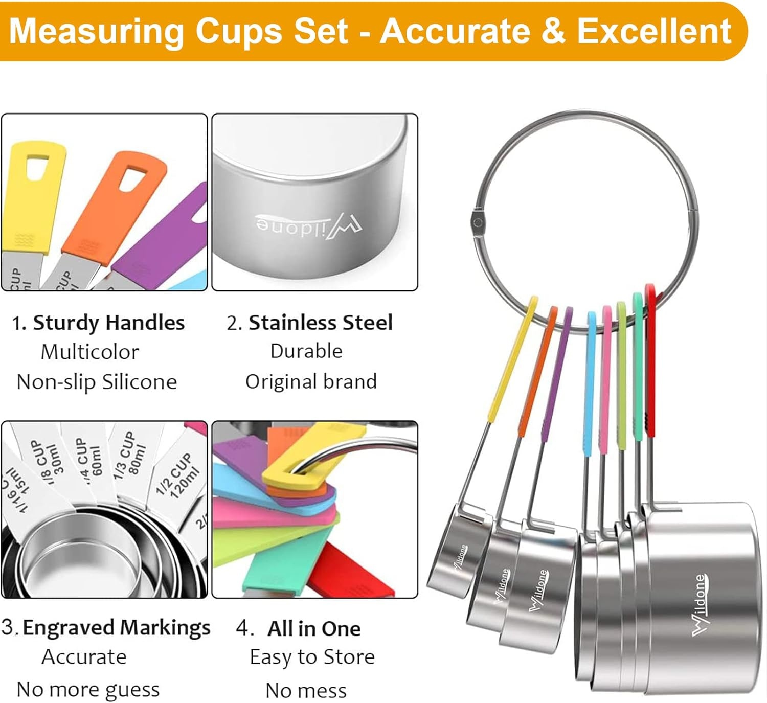 image:imageWildone Measuring Cups amp Spoons Set of 18 Includes 8 Stainless Steel Nesting Measuring Cups 9 Measuring Spoons 1 Leveler Ideal for Dry and Liquid Ingredients Stainless Steel Kitchen Gadgets for Cooking amp Baking Heavy Duty for Measuring DryLiquid Ingredients MulticolorMulticolor