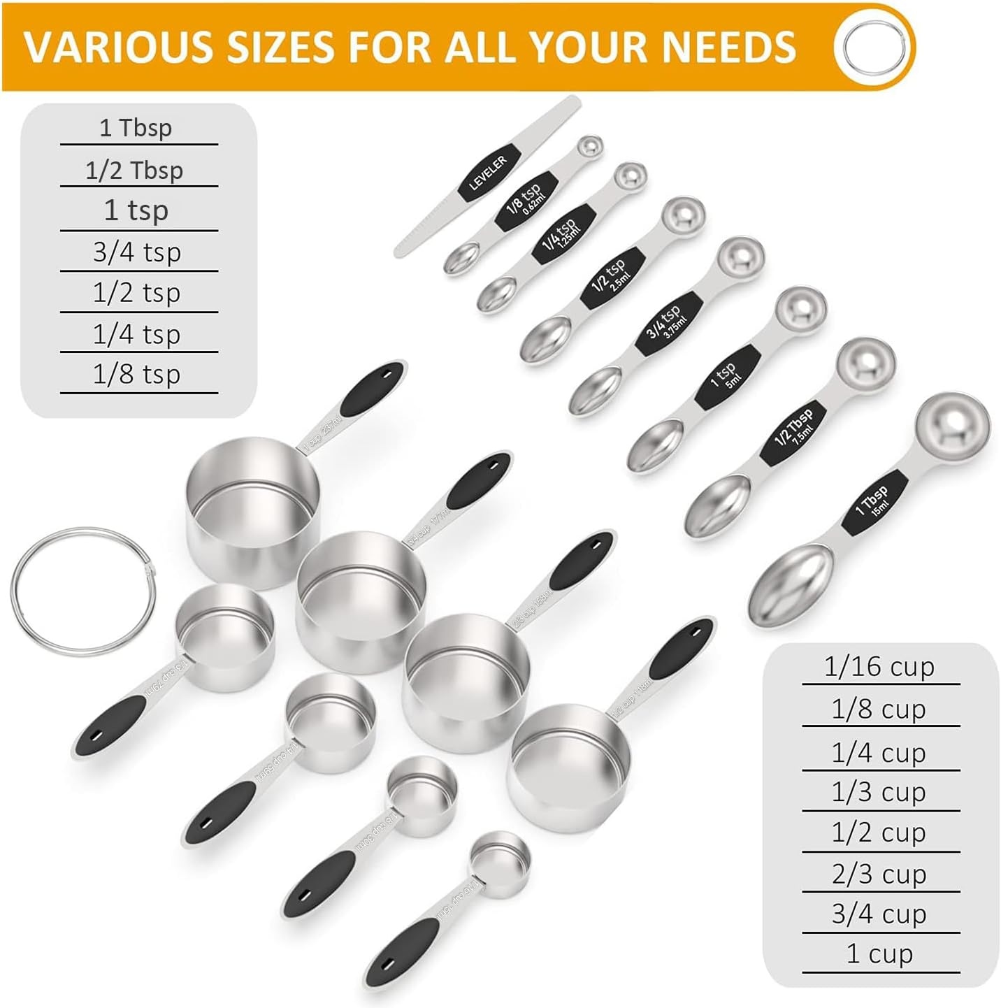 image:imageWildone Measuring Cups and Magnetic Measuring Spoons Set 16Pcs 8 Stainless Measuring Cups 7 Doublesided Magnetic Measuring Spoons amp leveler for Spice Jar and Liquid Measuring BlackBlack