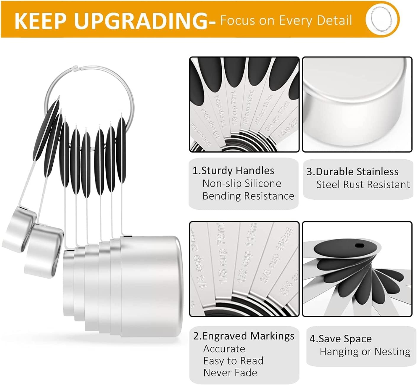 image:imageWildone Measuring Cups and Magnetic Measuring Spoons Set 16Pcs 8 Stainless Measuring Cups 7 Doublesided Magnetic Measuring Spoons amp leveler for Spice Jar and Liquid Measuring BlackBlack