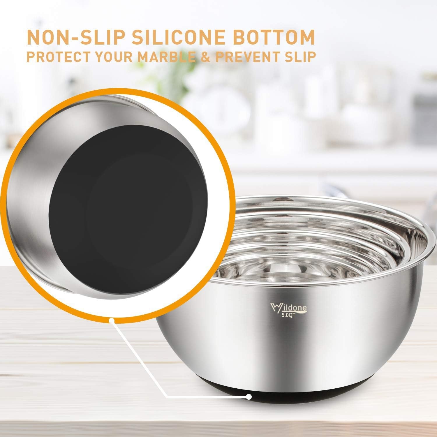 image:imageWildone Mixing Bowls with Airtight Lids Set 5PCS Stainless Steel Khaki Nesting Bowls for Kitchen with Grater Attachments amp NonSlip Bottoms Size 5 3 2 15 063 QT Great for Mixing amp ServingBlack