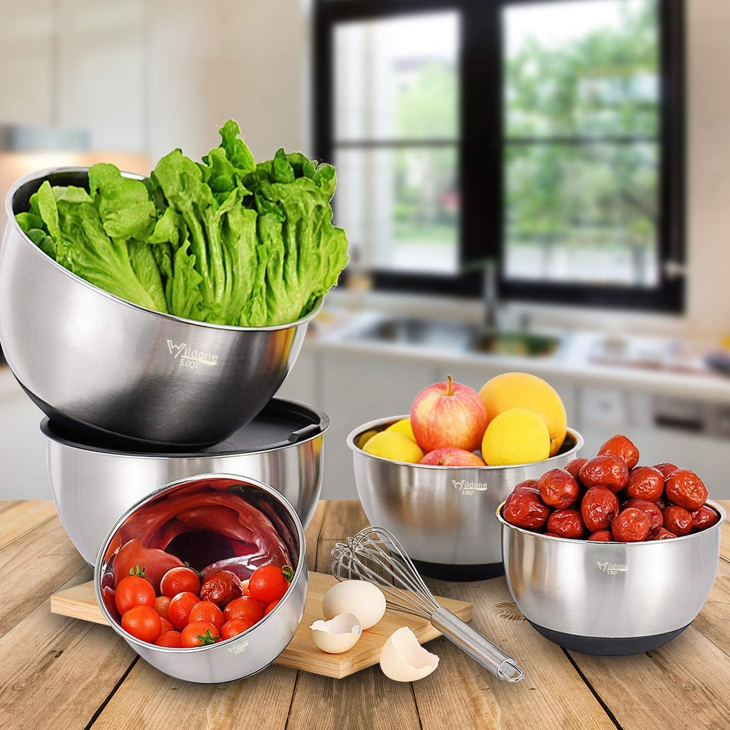 image:imageWildone Mixing Bowls with Airtight Lids Set 5PCS Stainless Steel Khaki Nesting Bowls for Kitchen with Grater Attachments amp NonSlip Bottoms Size 5 3 2 15 063 QT Great for Mixing amp ServingBlack