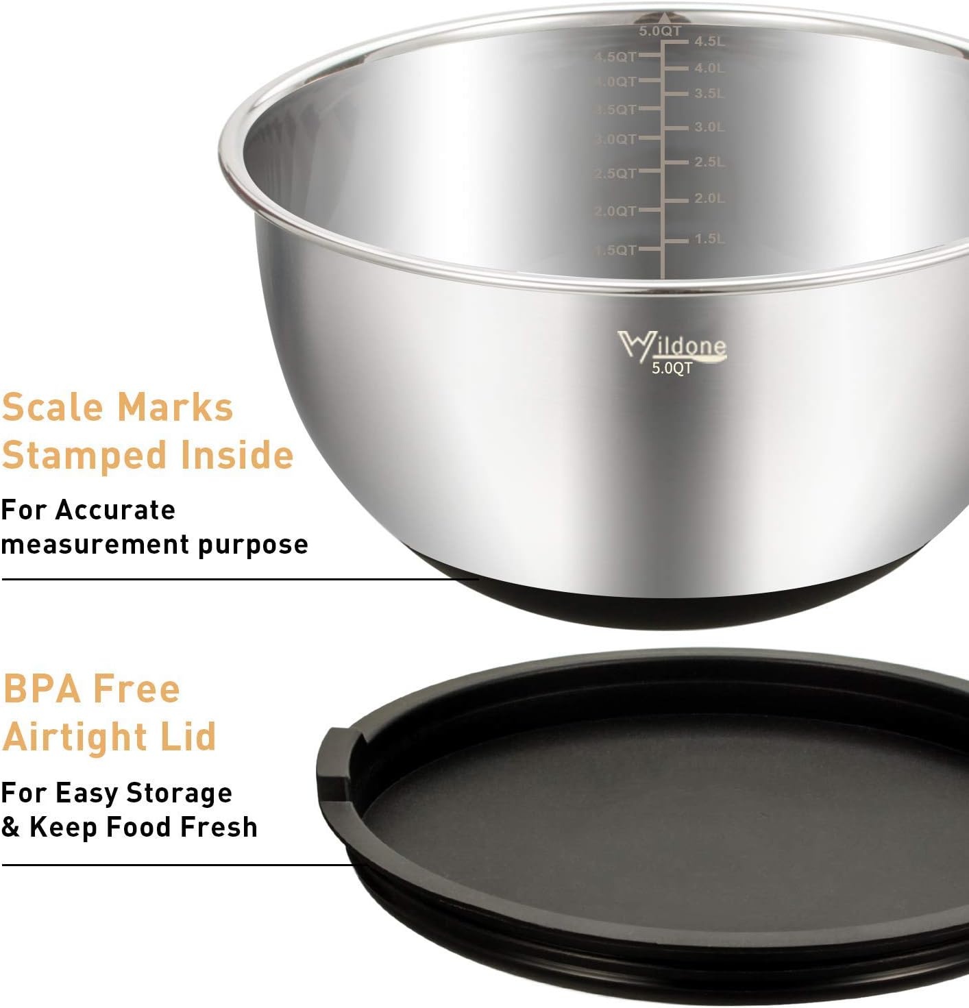 image:imageWildone Mixing Bowls with Airtight Lids Set 5PCS Stainless Steel Khaki Nesting Bowls for Kitchen with Grater Attachments amp NonSlip Bottoms Size 5 3 2 15 063 QT Great for Mixing amp ServingBlack
