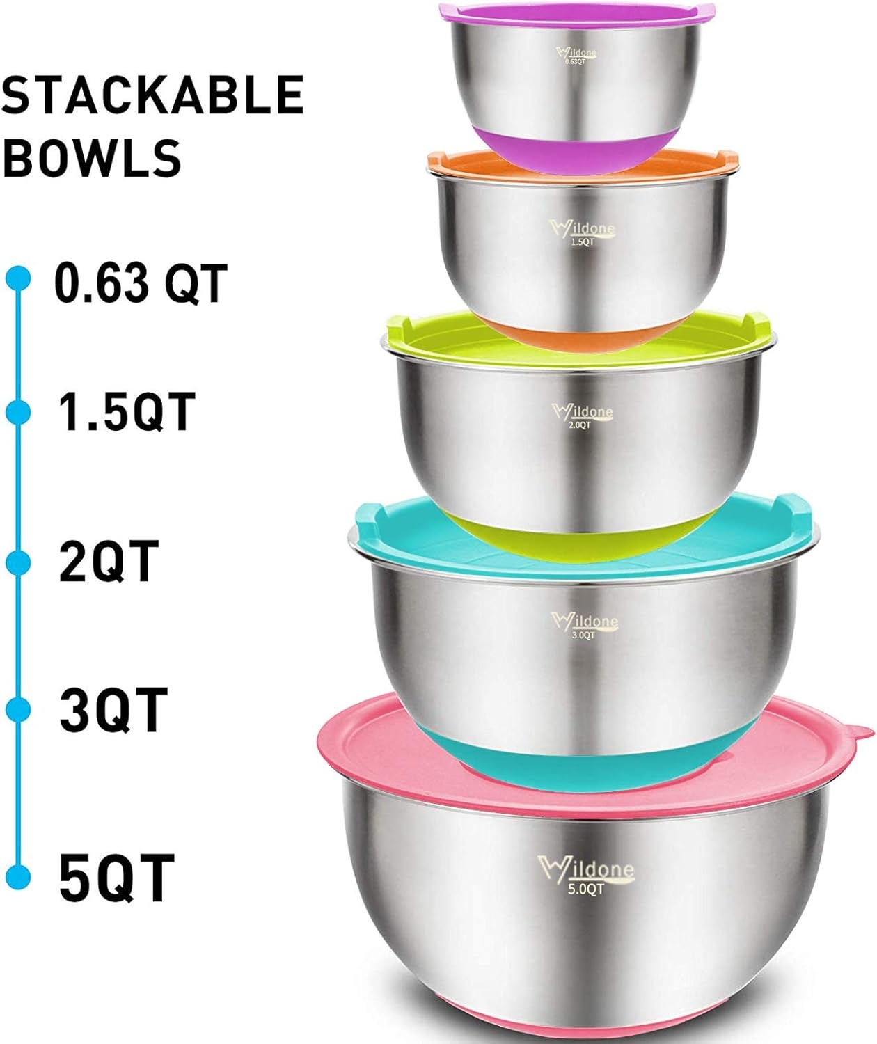 image:imageWildone Mixing Bowls with Airtight Lids Set 5PCS Stainless Steel Khaki Nesting Bowls for Kitchen with Grater Attachments amp NonSlip Bottoms Size 5 3 2 15 063 QT Great for Mixing amp ServingMulticolor