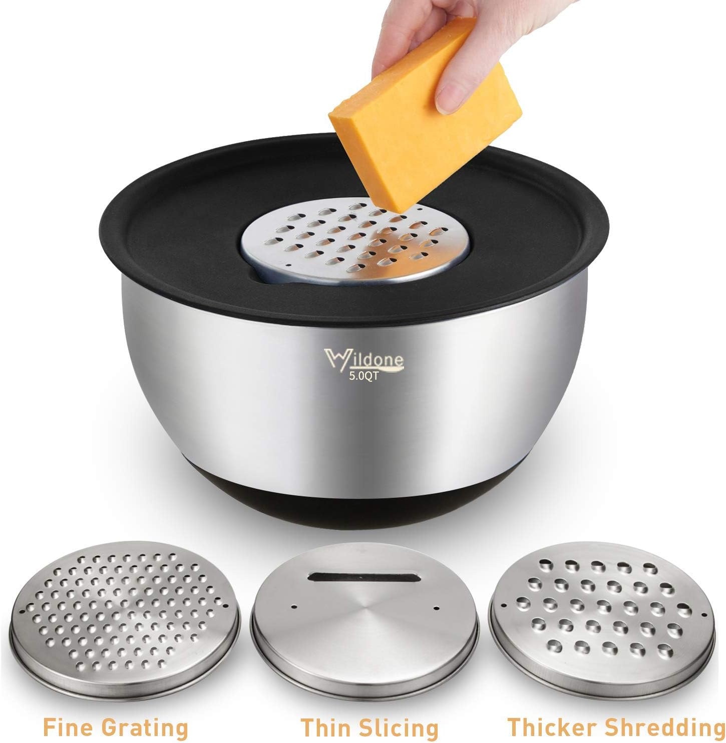 image:imageWildone Mixing Bowls with Airtight Lids Set 5PCS Stainless Steel Khaki Nesting Bowls for Kitchen with Grater Attachments amp NonSlip Bottoms Size 5 3 2 15 063 QT Great for Mixing amp ServingBlack