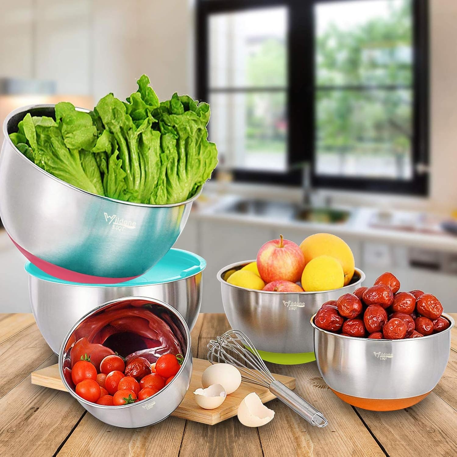 image:imageWildone Mixing Bowls with Airtight Lids Set 5PCS Stainless Steel Khaki Nesting Bowls for Kitchen with Grater Attachments amp NonSlip Bottoms Size 5 3 2 15 063 QT Great for Mixing amp ServingMulticolor