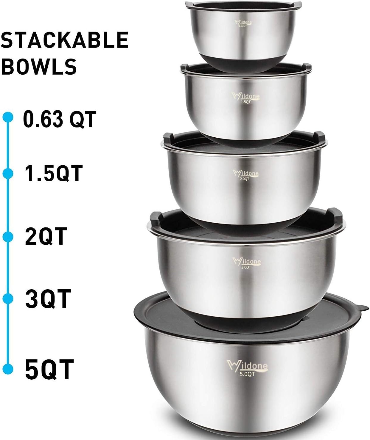 image:imageWildone Mixing Bowls with Airtight Lids Set 5PCS Stainless Steel Khaki Nesting Bowls for Kitchen with Grater Attachments amp NonSlip Bottoms Size 5 3 2 15 063 QT Great for Mixing amp ServingBlack