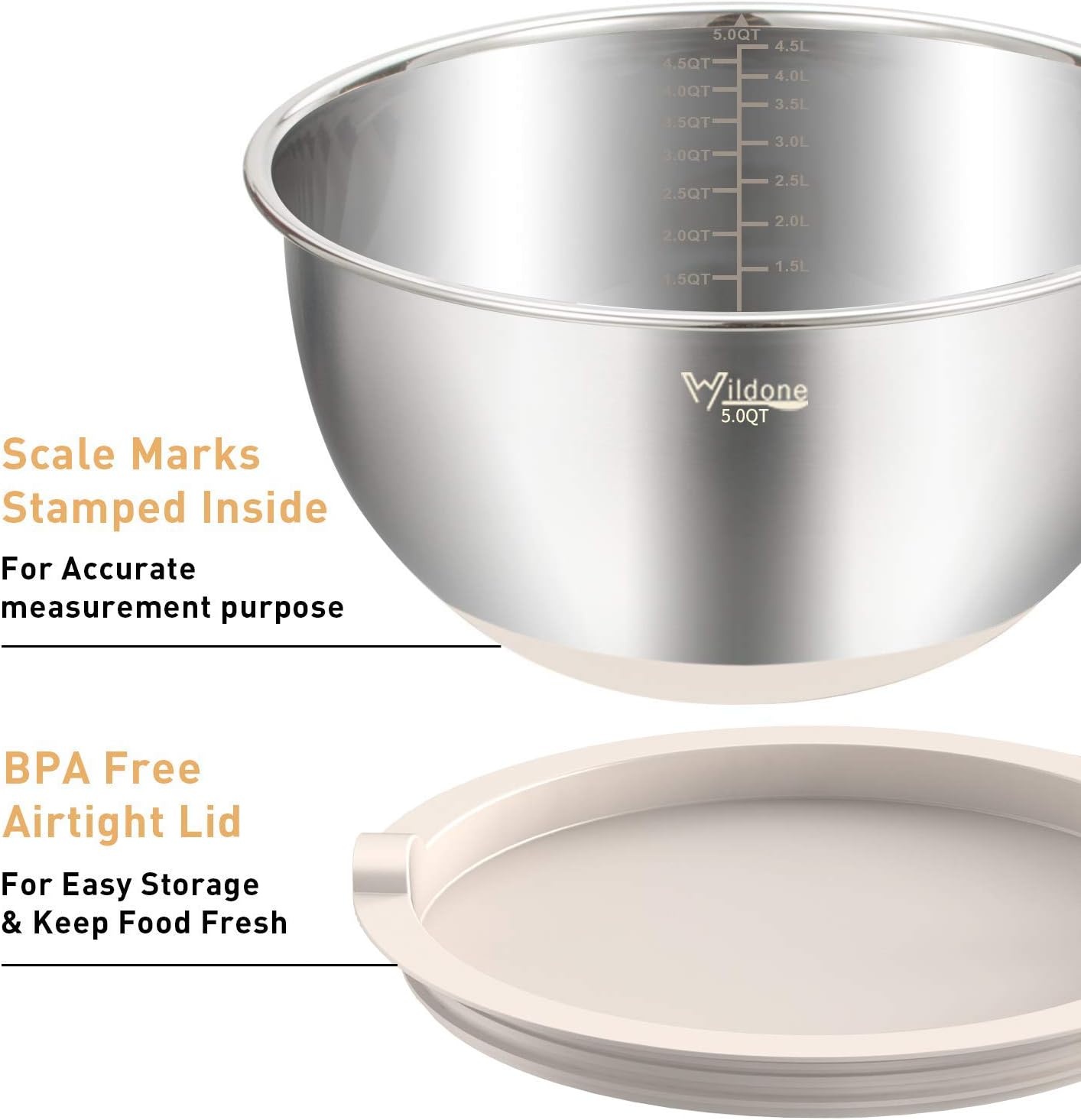 image:imageWildone Mixing Bowls with Airtight Lids Set 5PCS Stainless Steel Khaki Nesting Bowls for Kitchen with Grater Attachments amp NonSlip Bottoms Size 5 3 2 15 063 QT Great for Mixing amp ServingKhaki