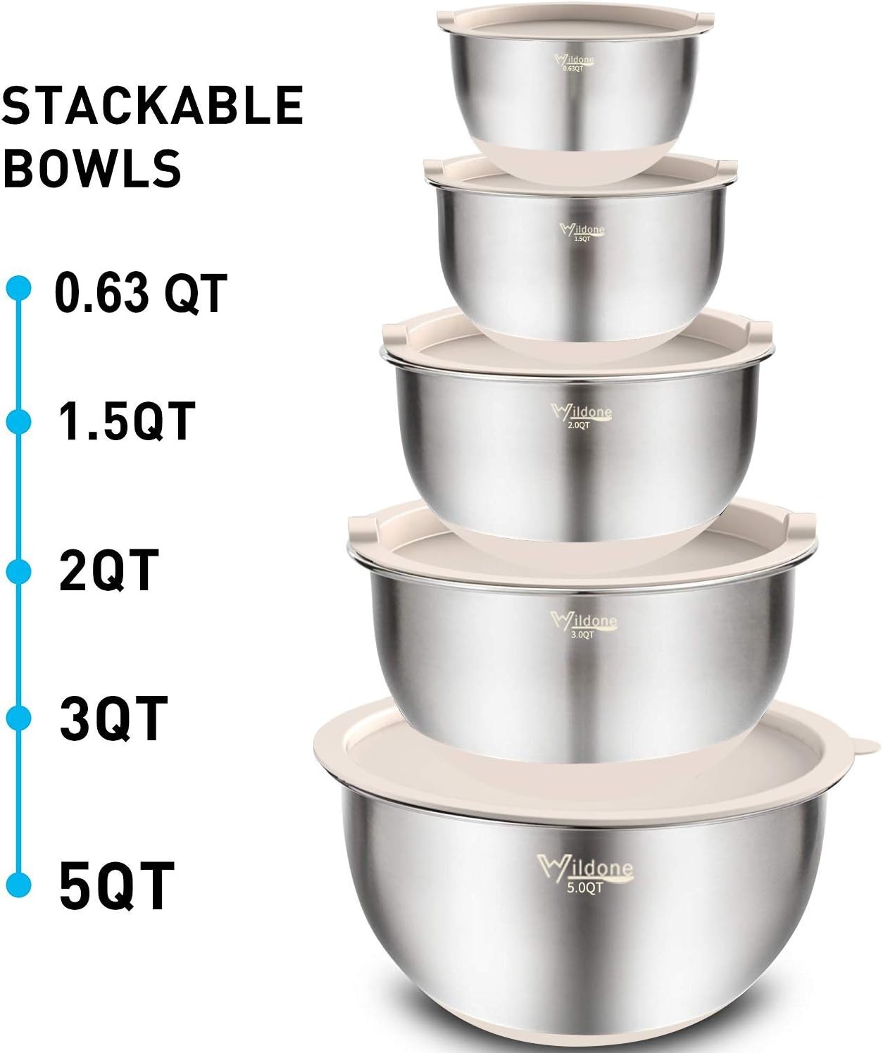 image:imageWildone Mixing Bowls with Airtight Lids Set 5PCS Stainless Steel Khaki Nesting Bowls for Kitchen with Grater Attachments amp NonSlip Bottoms Size 5 3 2 15 063 QT Great for Mixing amp ServingKhaki