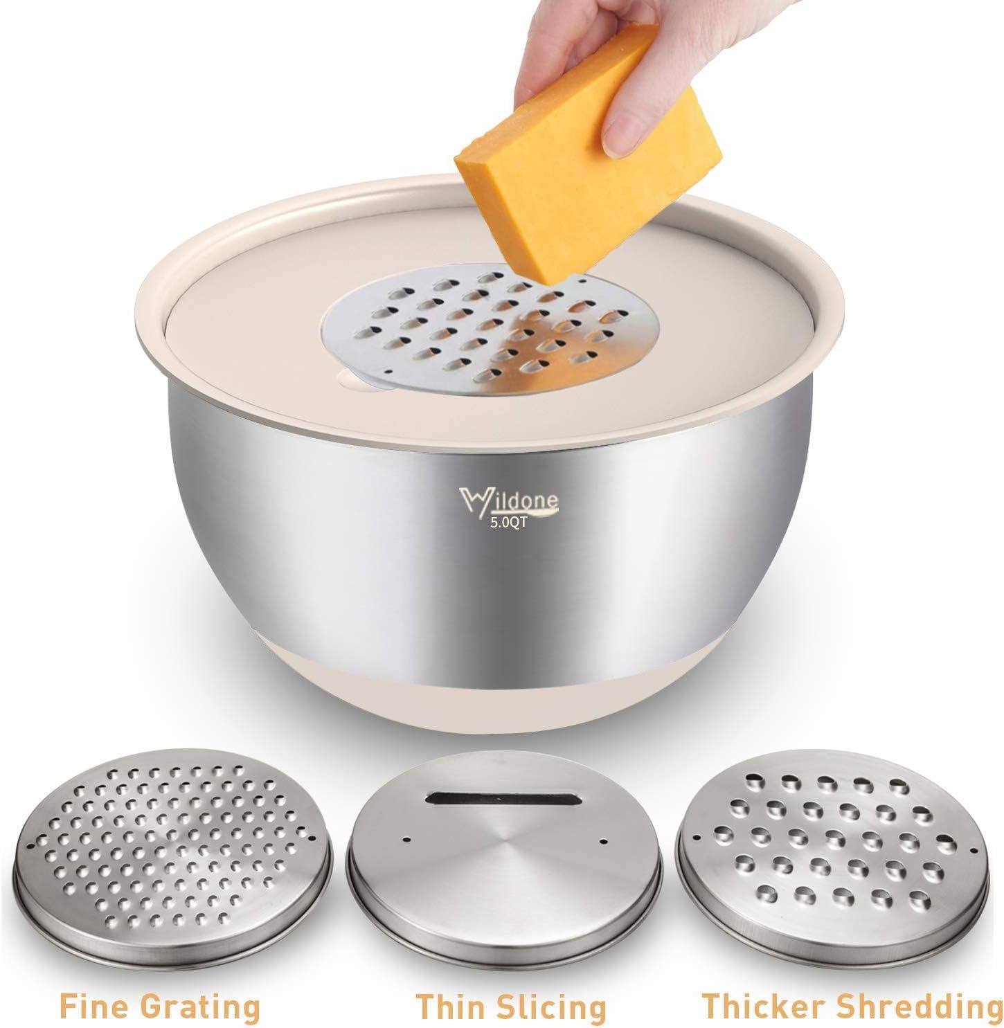 image:imageWildone Mixing Bowls with Airtight Lids Set 5PCS Stainless Steel Khaki Nesting Bowls for Kitchen with Grater Attachments amp NonSlip Bottoms Size 5 3 2 15 063 QT Great for Mixing amp ServingKhaki