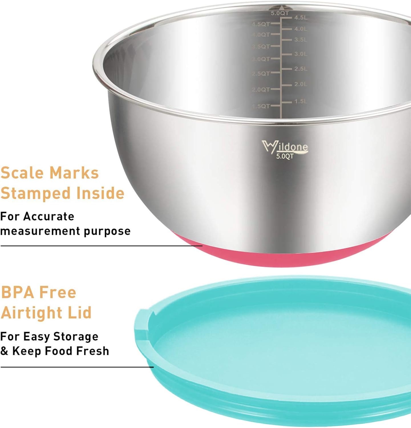 image:imageWildone Mixing Bowls with Airtight Lids Set 5PCS Stainless Steel Khaki Nesting Bowls for Kitchen with Grater Attachments amp NonSlip Bottoms Size 5 3 2 15 063 QT Great for Mixing amp ServingMulticolor