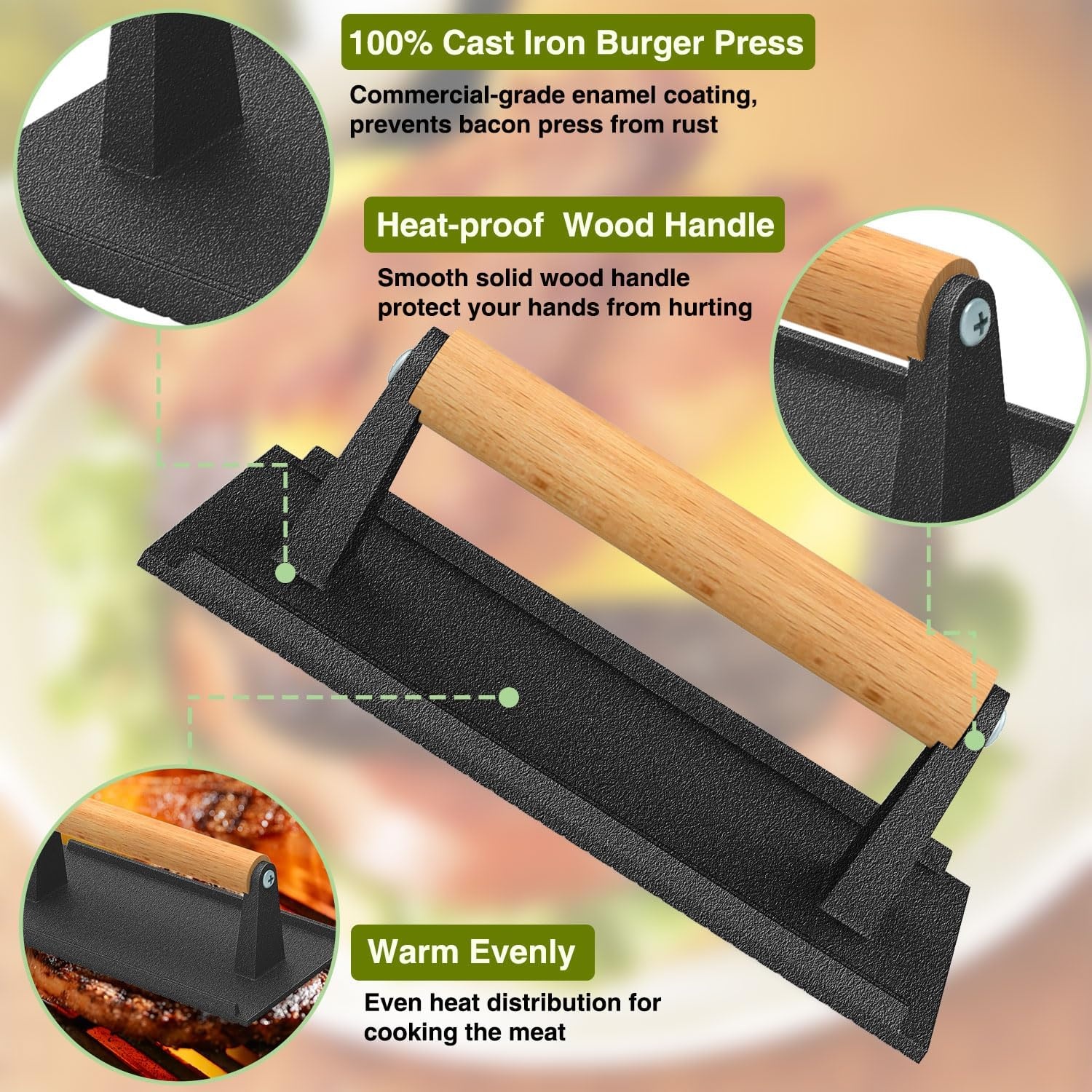 image:imageWildone Smash Burger Press Round Cast Iron Grill Press Burger Smasher for Griddle Rectangular Bacon Press Meat Steak Press Sandwich Press with Wood Handle 4Pcs2