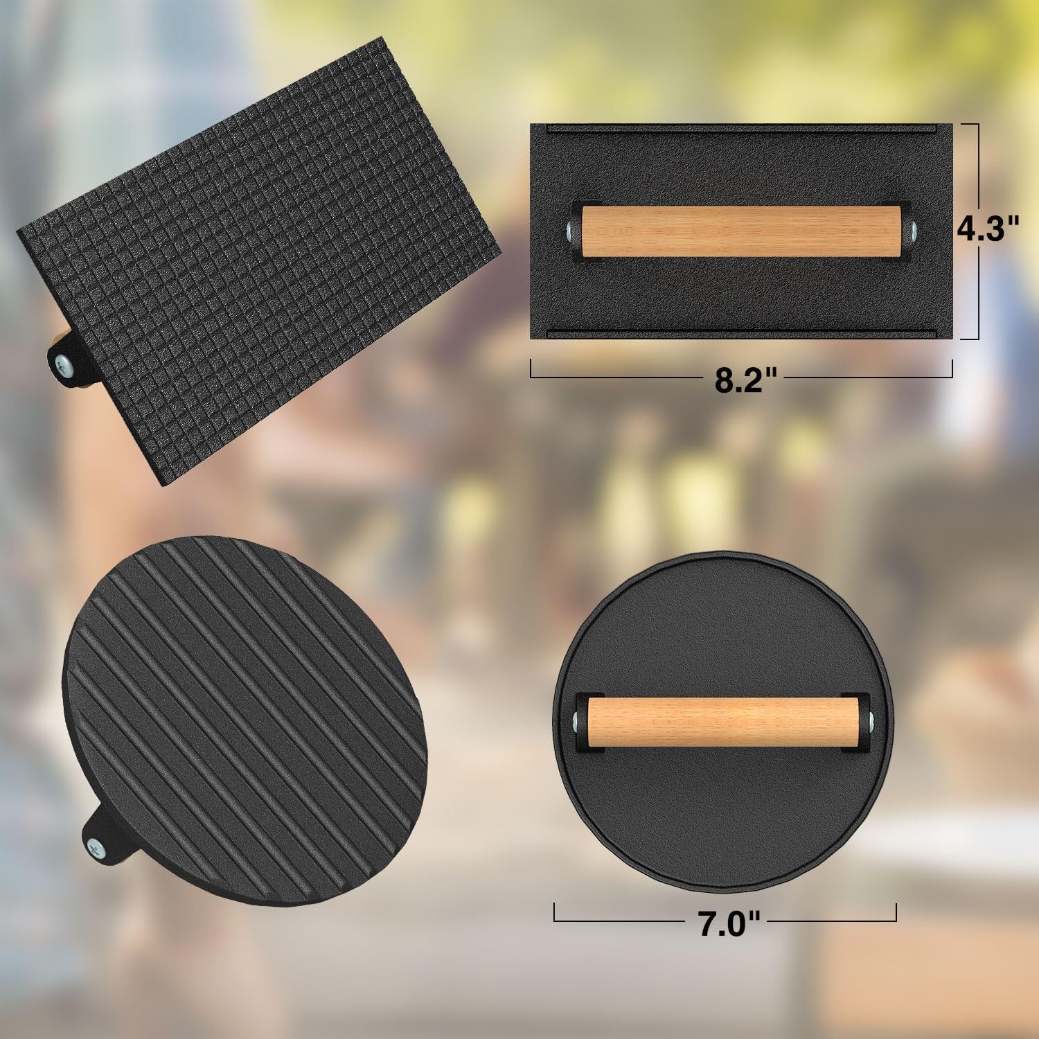image:imageWildone Smash Burger Press Round Cast Iron Grill Press Burger Smasher for Griddle Rectangular Bacon Press Meat Steak Press Sandwich Press with Wood Handle 4Pcs2