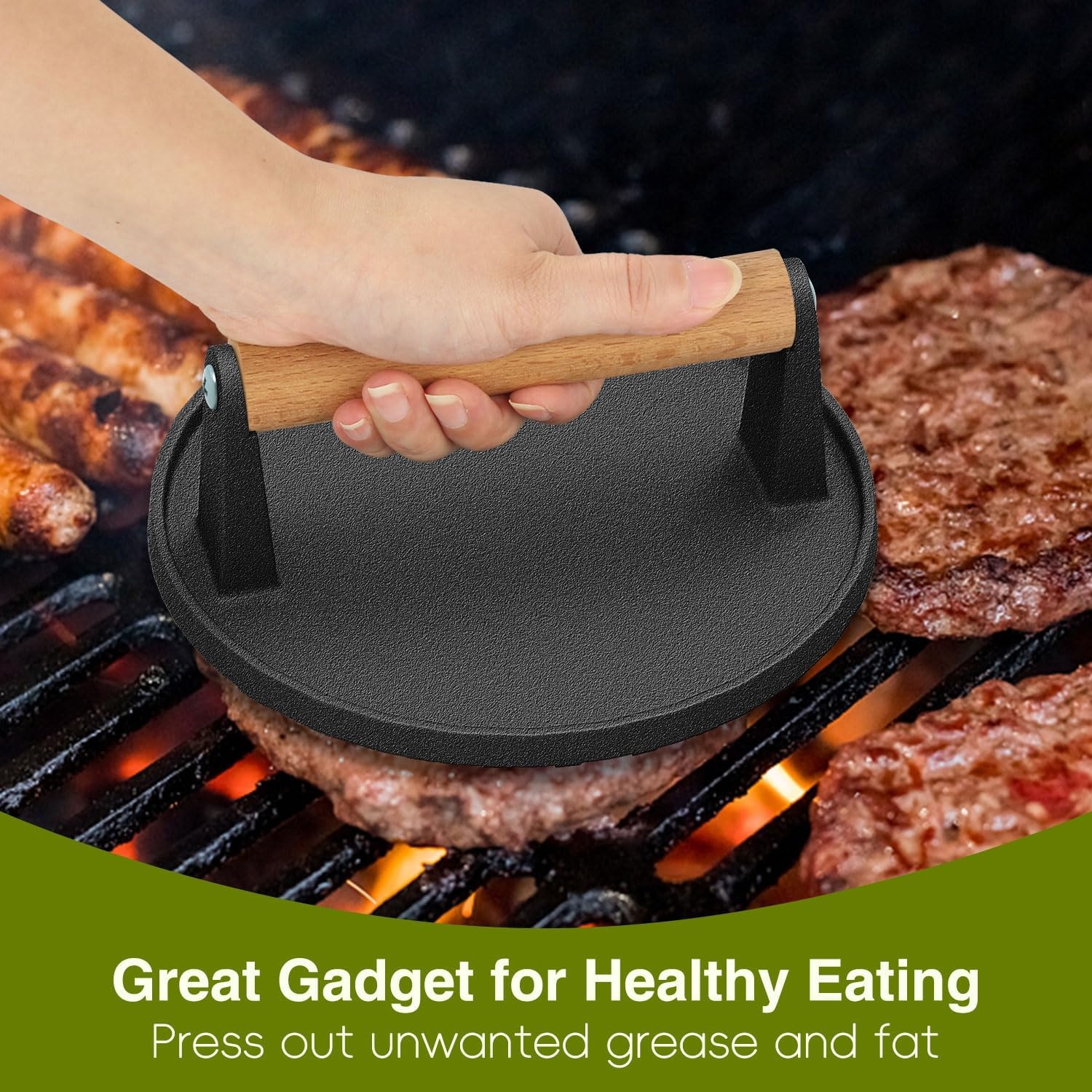image:imageWildone Smash Burger Press Round Cast Iron Grill Press Burger Smasher for Griddle Rectangular Bacon Press Meat Steak Press Sandwich Press with Wood Handle 4Pcs2