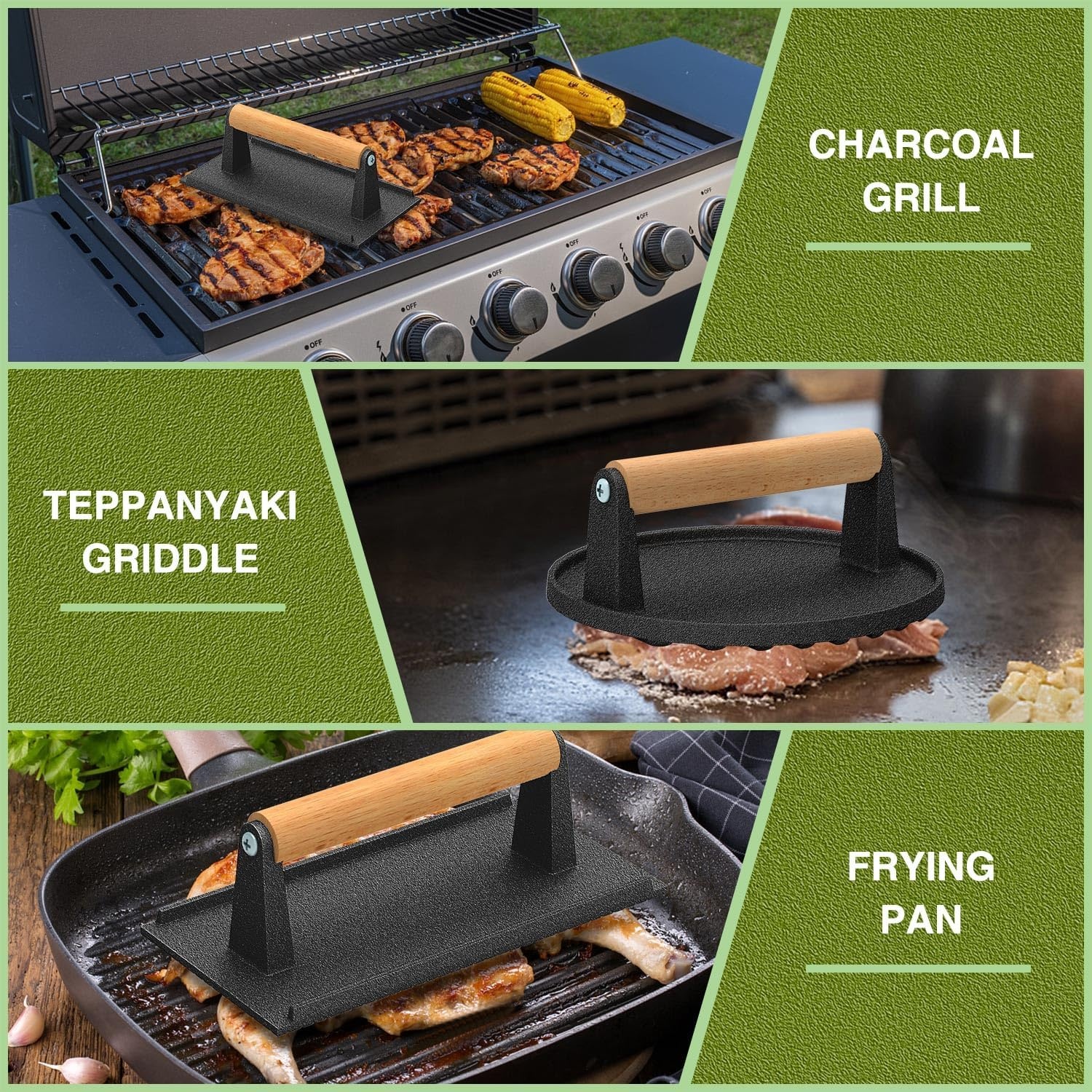 image:imageWildone Smash Burger Press Round Cast Iron Grill Press Burger Smasher for Griddle Rectangular Bacon Press Meat Steak Press Sandwich Press with Wood Handle 4Pcs1