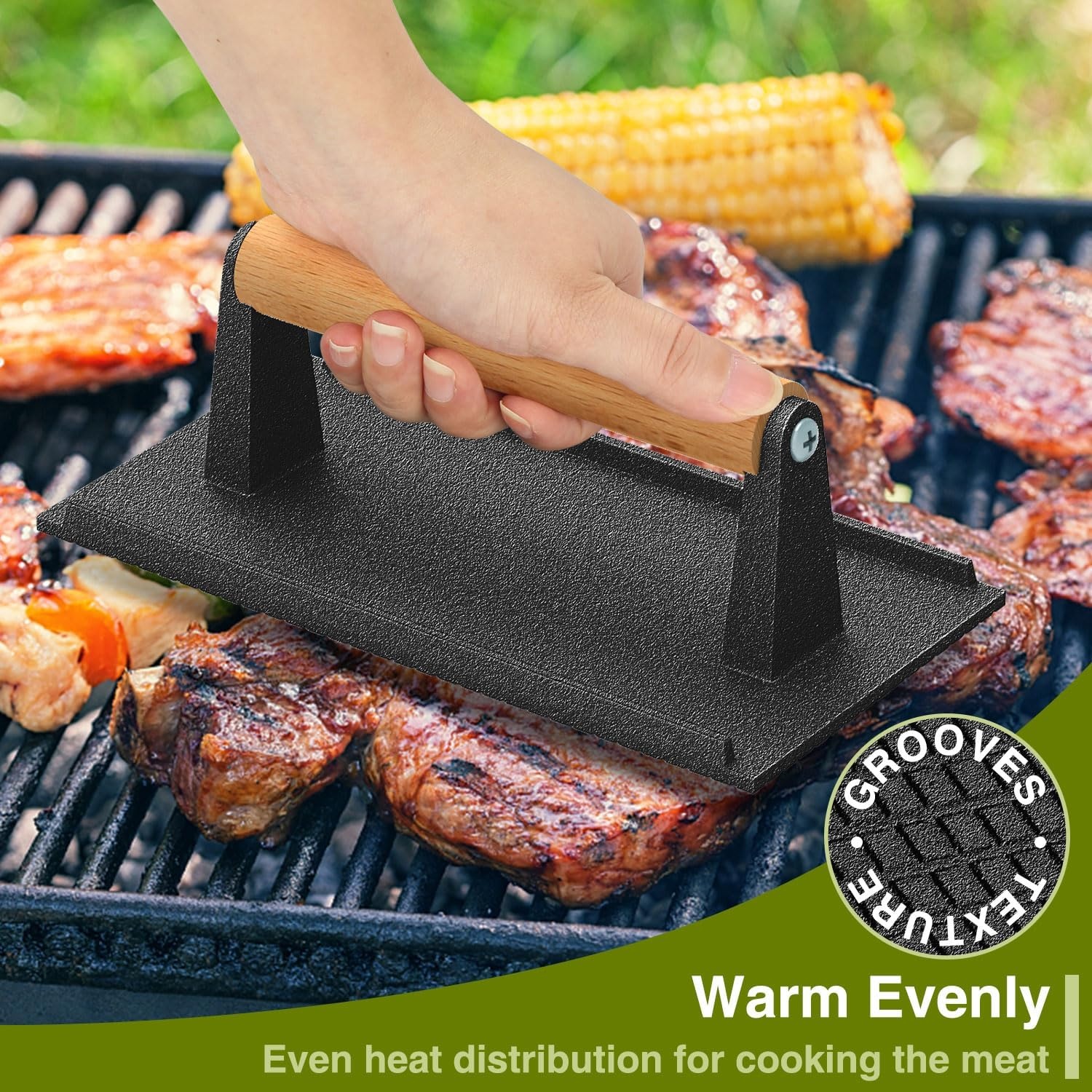 image:imageWildone Smash Burger Press Round Cast Iron Grill Press Burger Smasher for Griddle Rectangular Bacon Press Meat Steak Press Sandwich Press with Wood Handle 4Pcs2